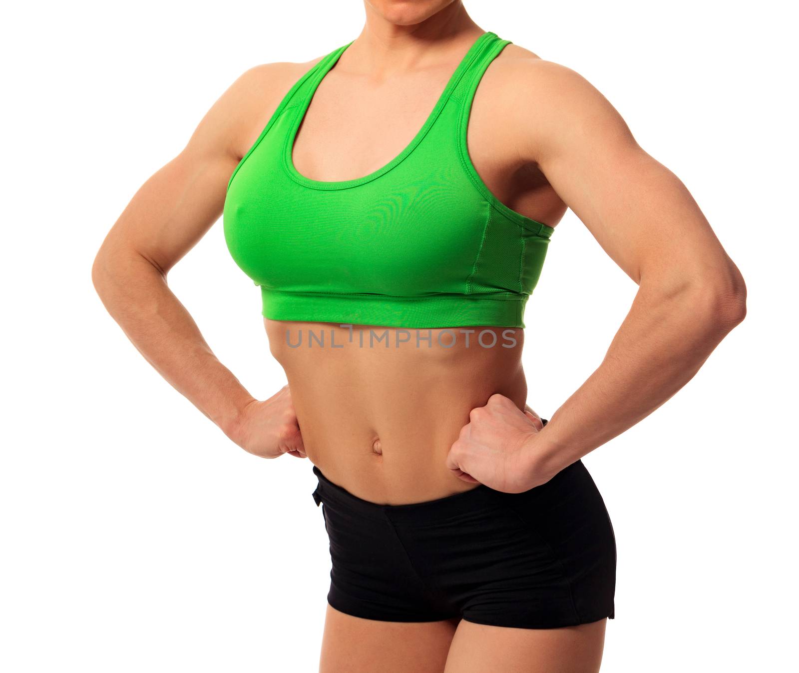 Sexy bodybuilder woman torso isolated on white background by Nobilior