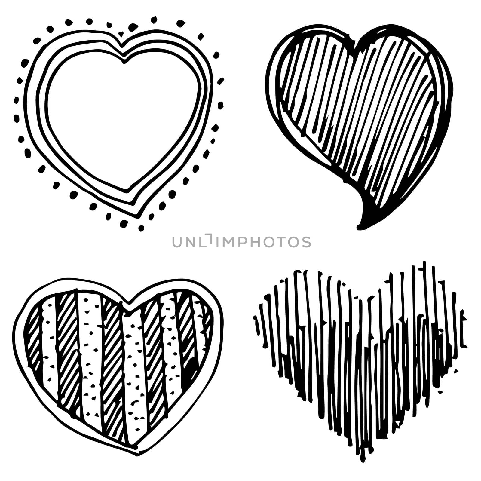 doodle hand drawn set of design heart shaped on white background