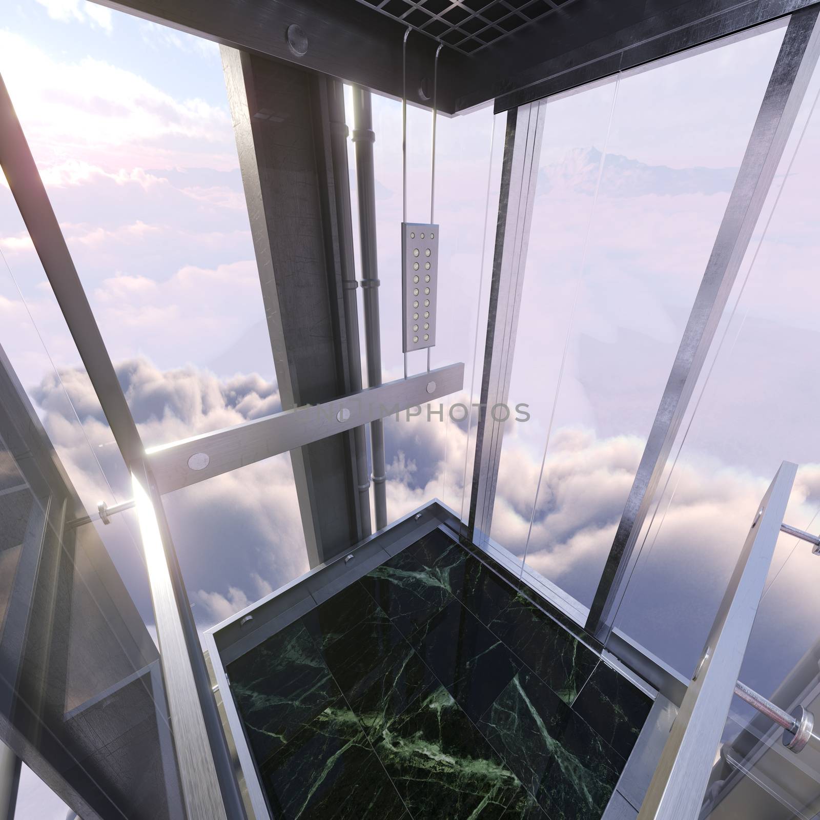 aerial evening sky view from empty elevator car concept business up success photo by denisgo