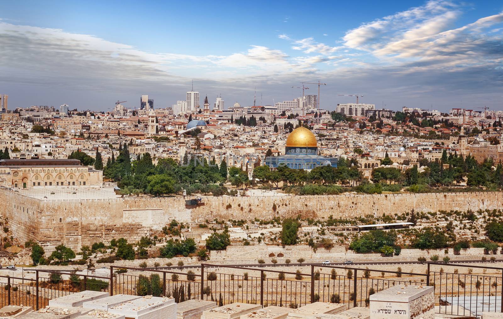 View of Jerusalem Old city and the Temple Mount, Dome of the Rock and Al Aqsa Mosque from the Mount of Olives in Jerusalem, Israel