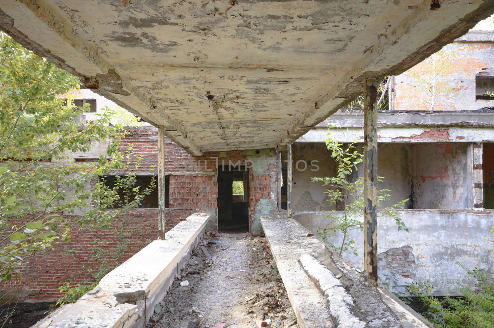 wide angle view of an old wall abandoned factory building