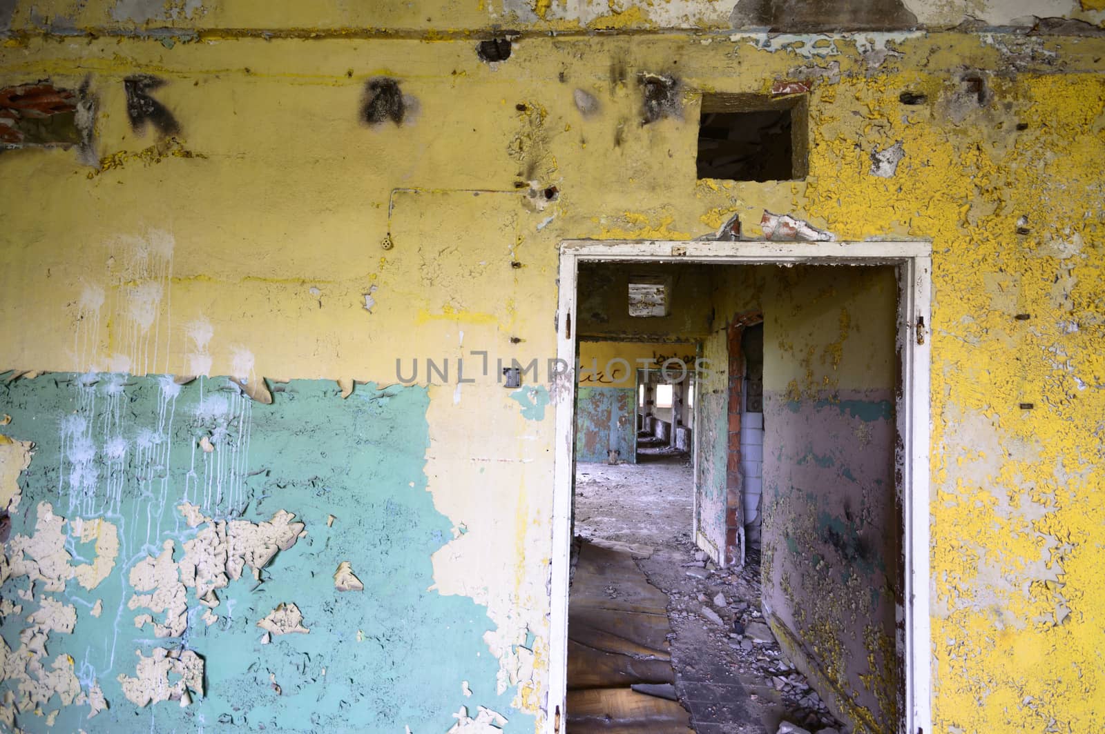 wide angle view of an old wall abandoned factory building
