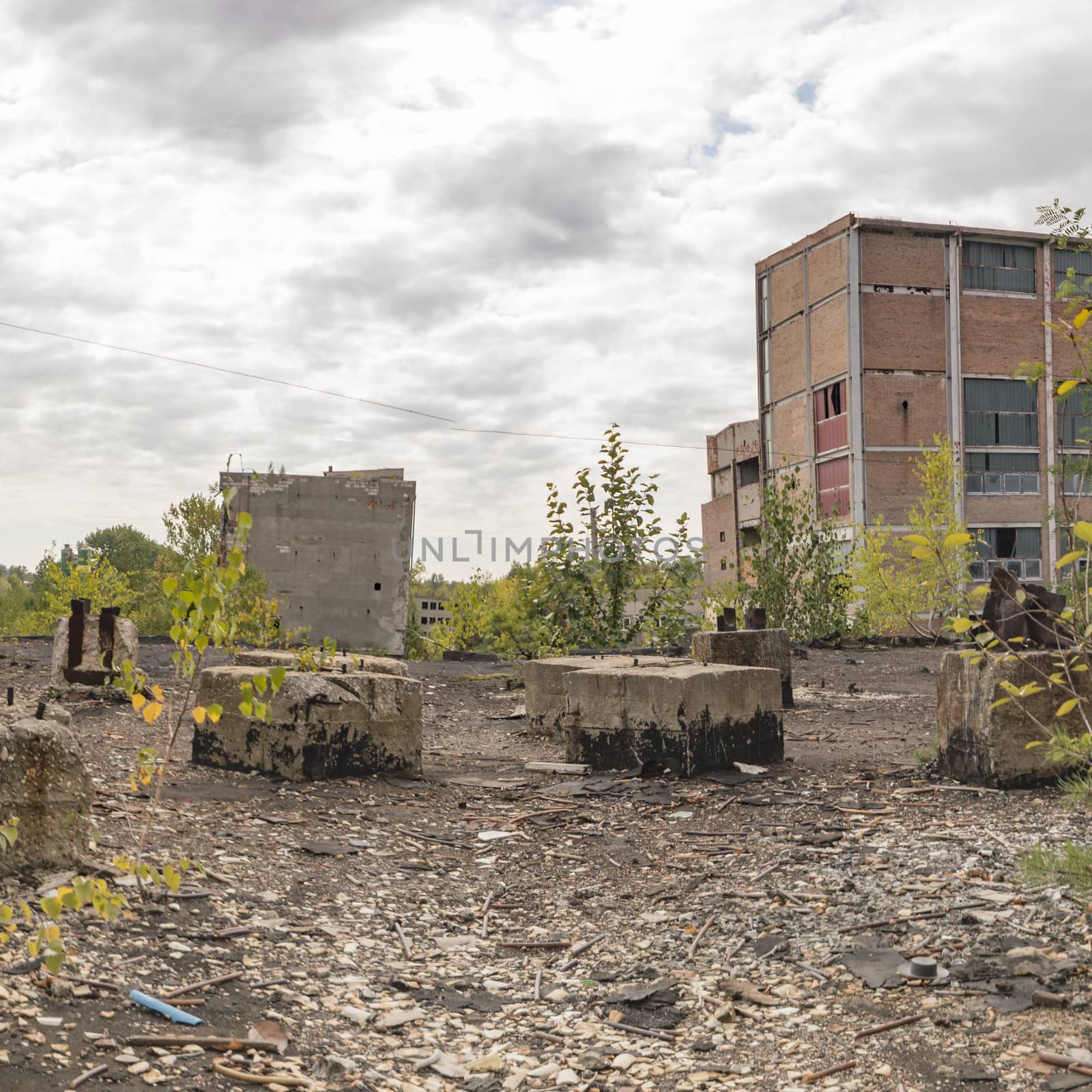 wide angle view of an old wall abandoned factory building