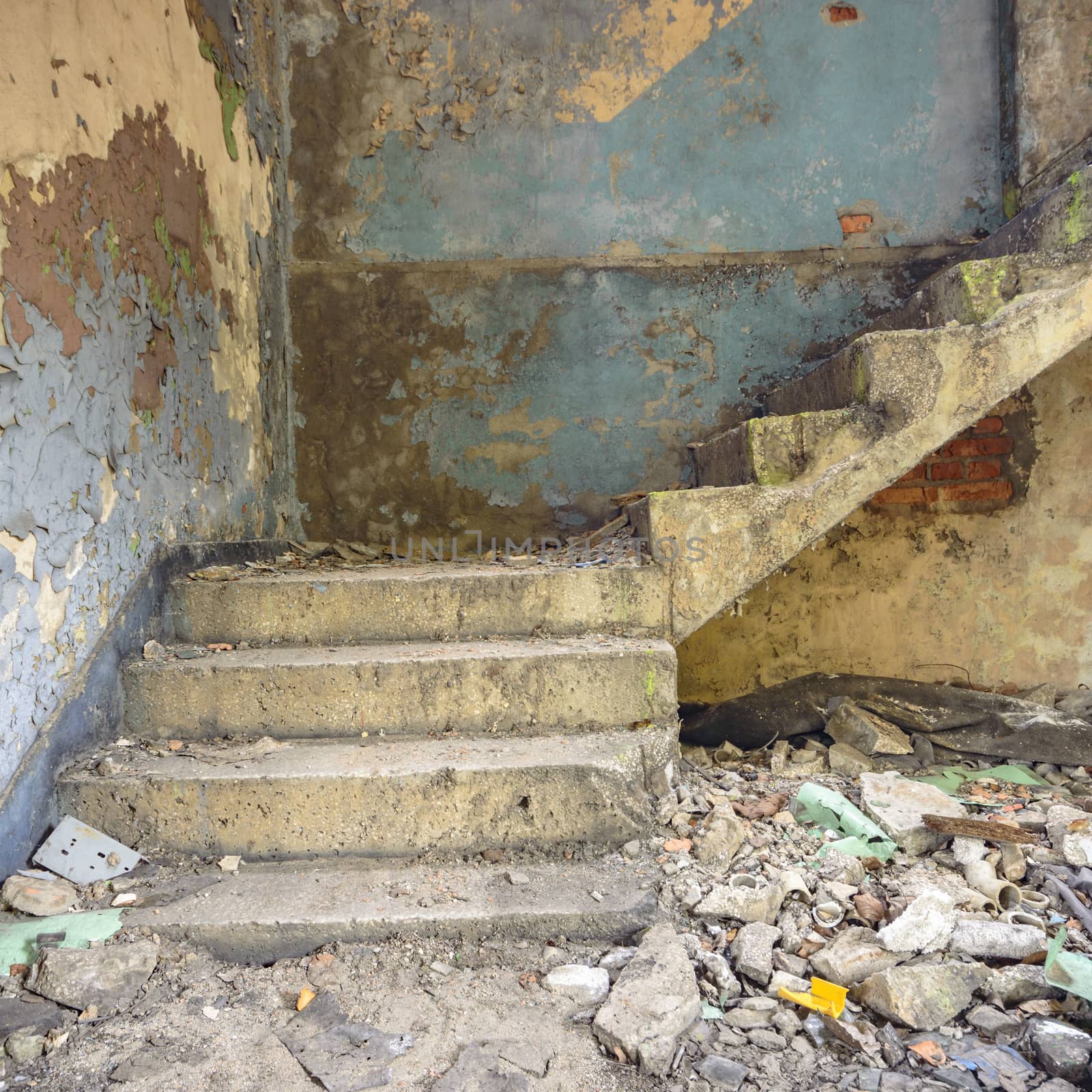 wide angle view of an old wall abandoned factory building