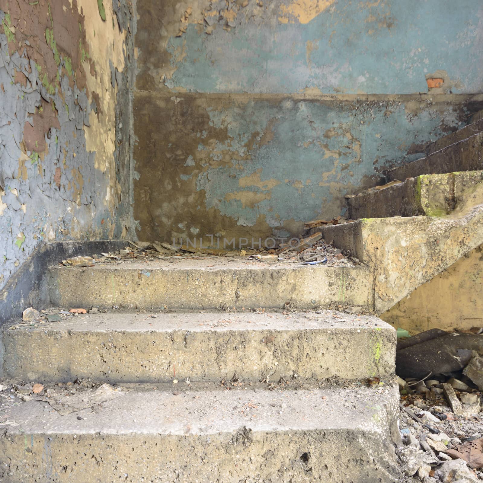 wide angle view of an old wall abandoned factory building