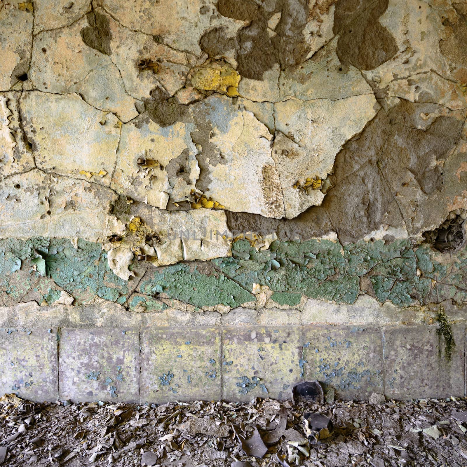 wide angle view of an old wall abandoned factory building