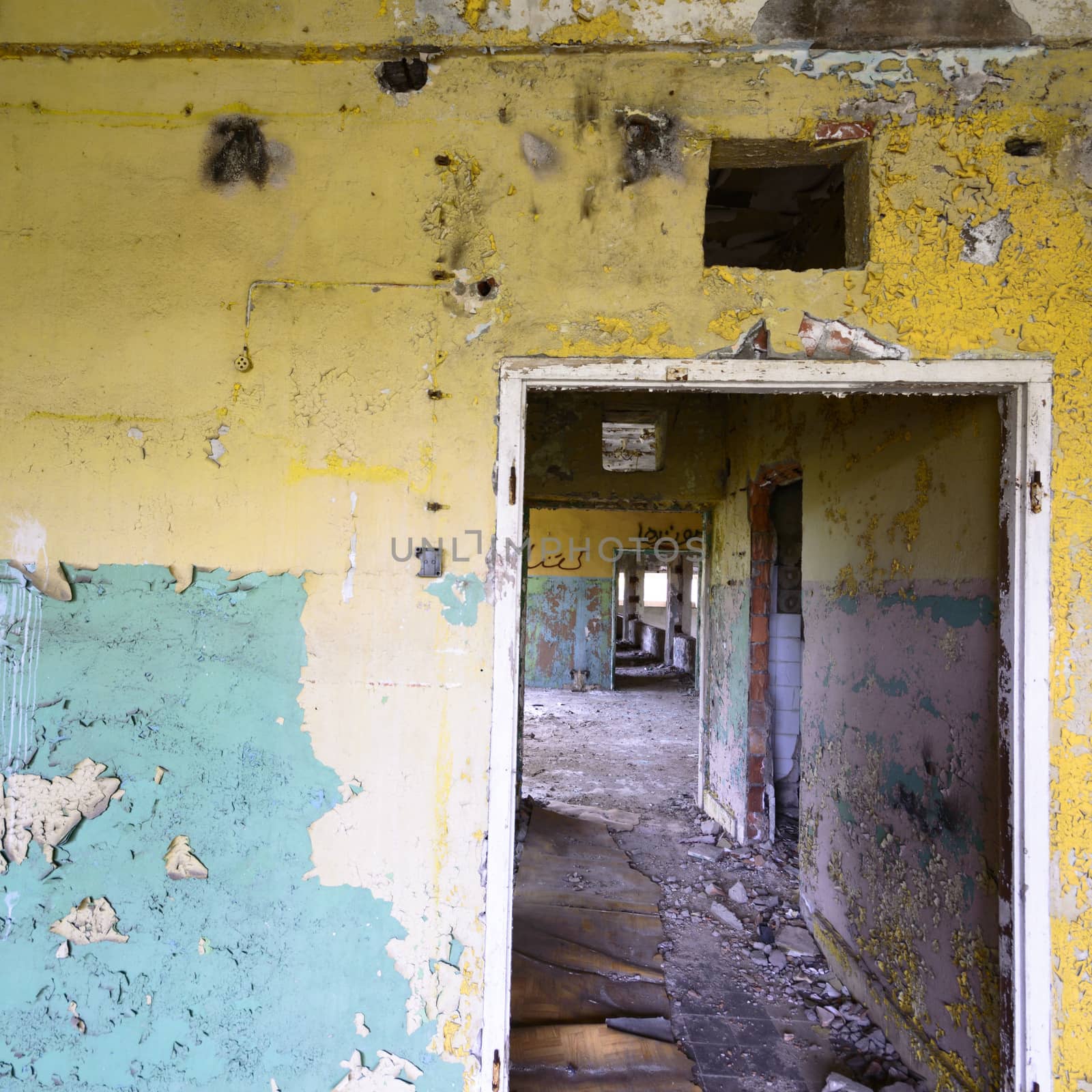 wide angle view of an old wall abandoned factory building