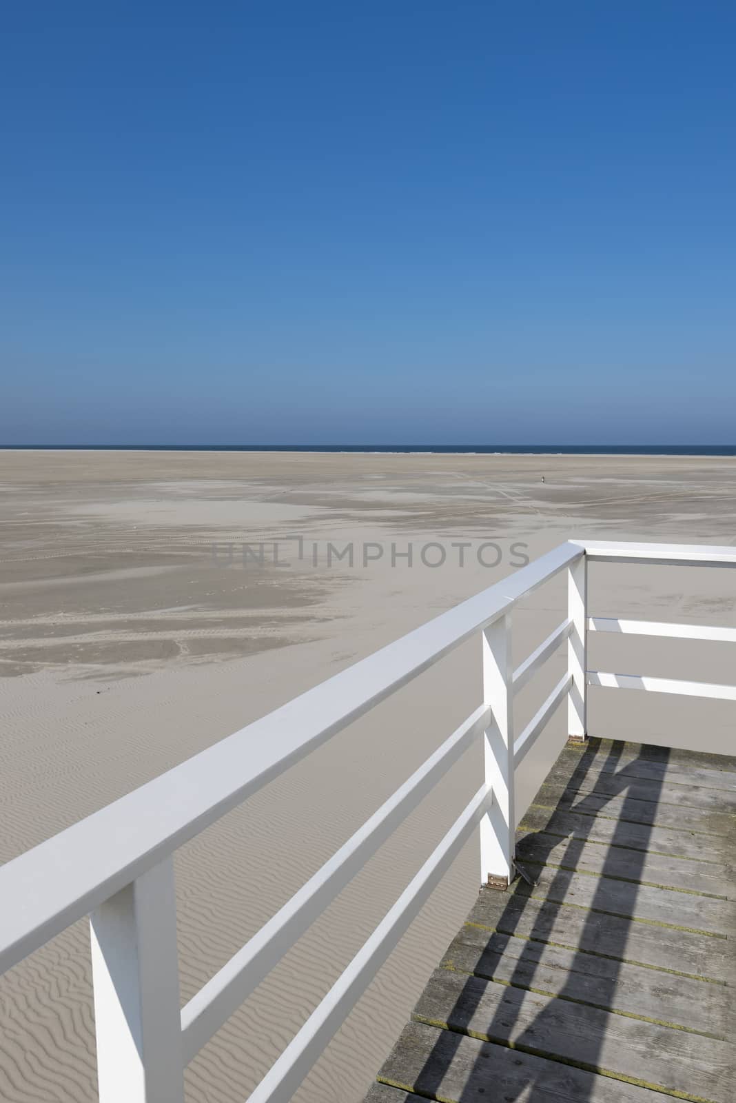 Famous sea cottage on the sandbar the Vliehors on the wadden Island Vlieland in the Netherlands
