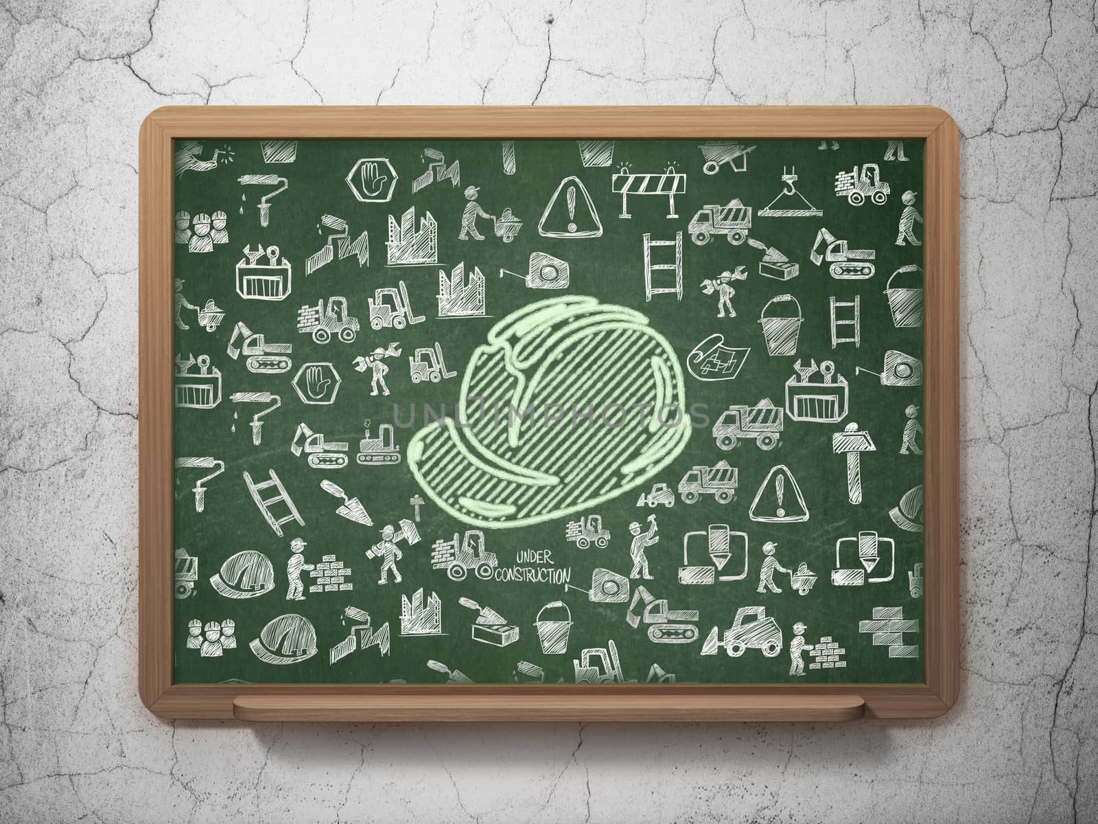 Building construction concept: Chalk Green Safety Helmet icon on School board background with  Hand Drawn Building Icons, 3D Rendering