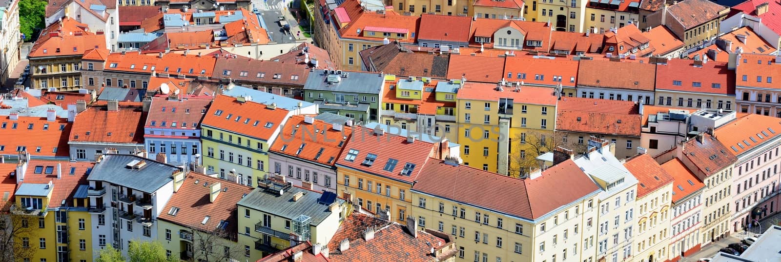 Top view of the red roofs of Prague downtown.