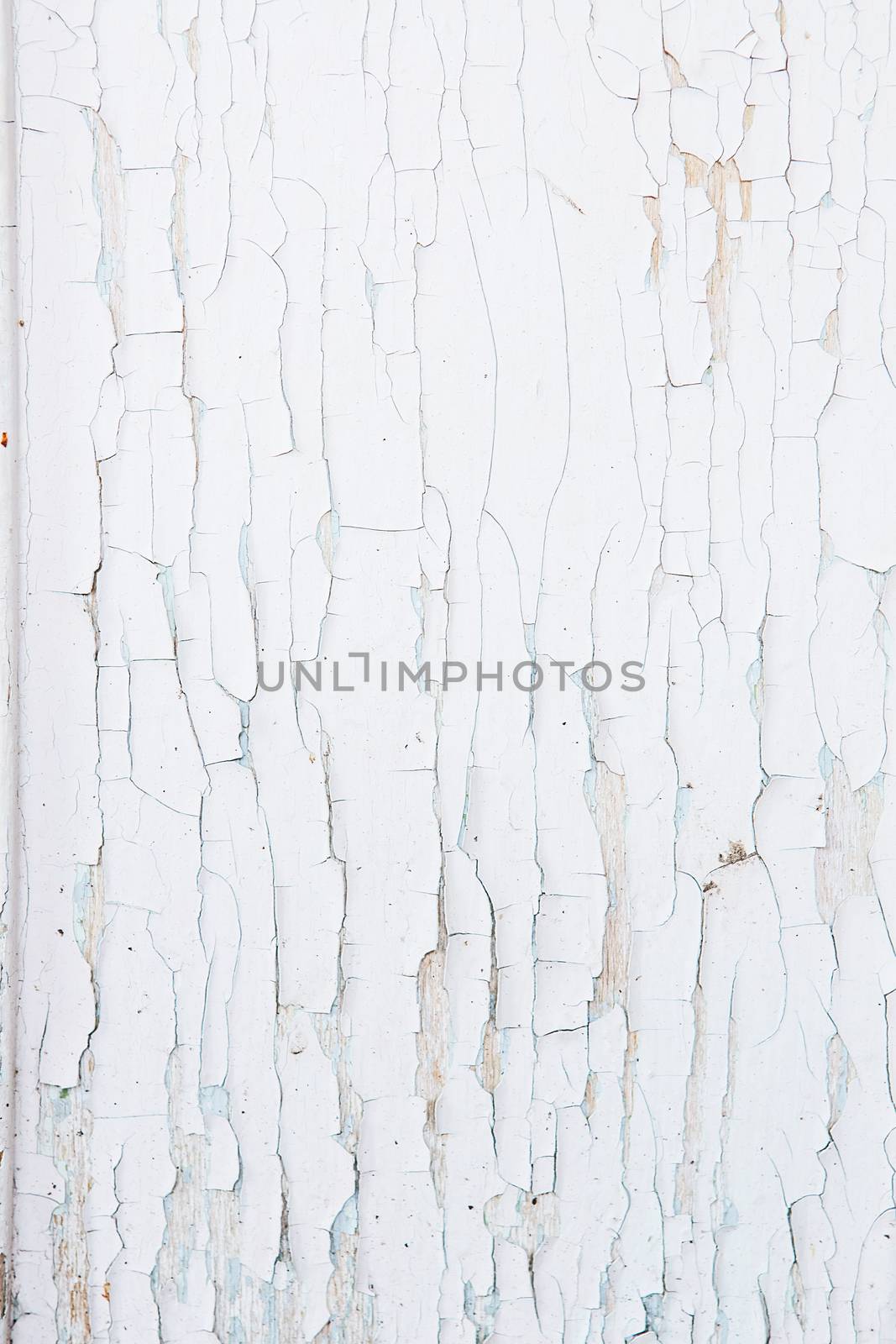 Cracking and peeling white paint on a wall. Vintage wood background with peeling paint. Old board with Irradiated paint