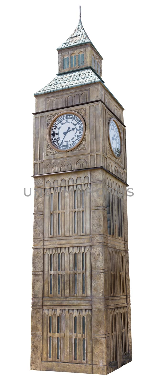 Wooden clock tower on white isolated background