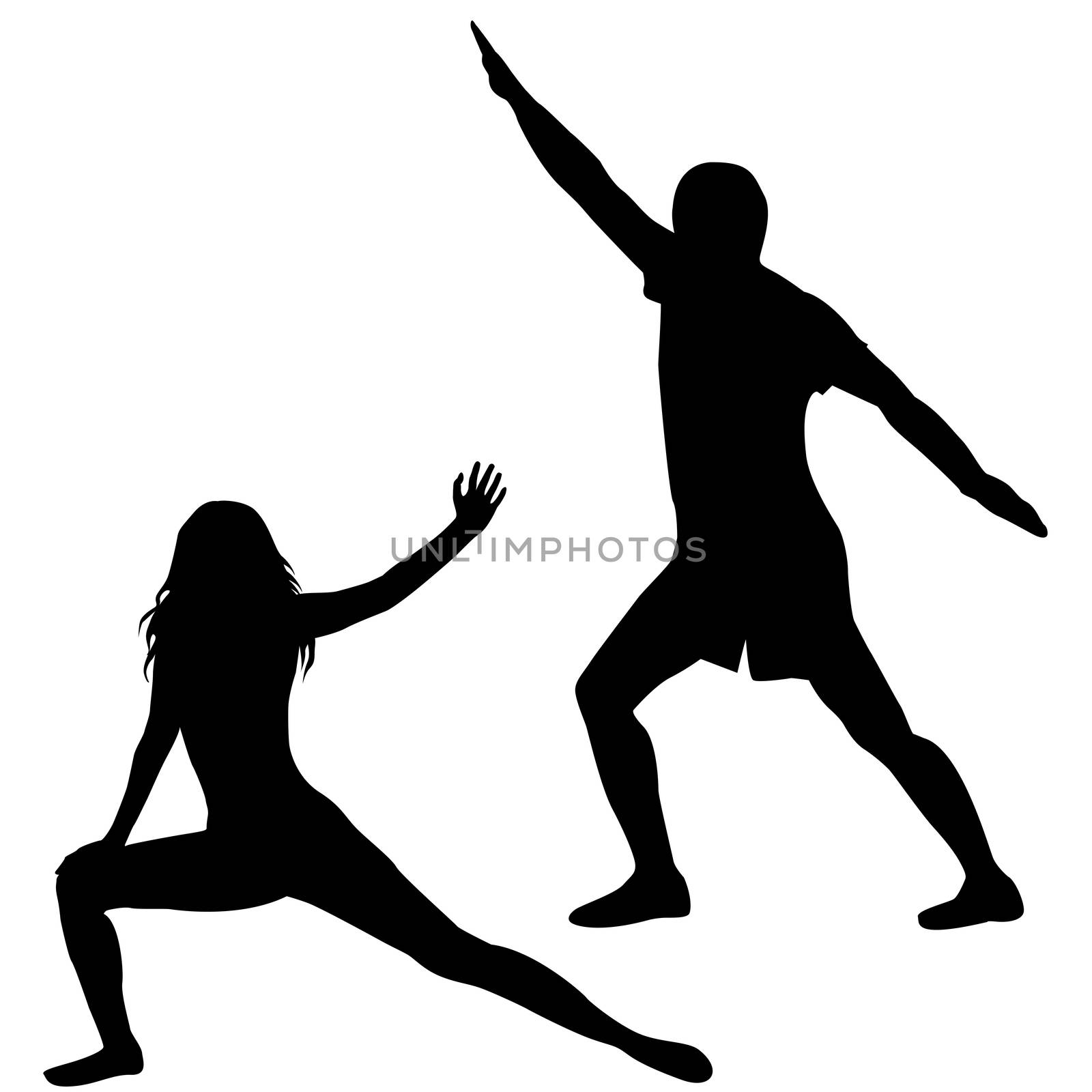 Silhouettes of man and woman practicing yoga by hibrida13
