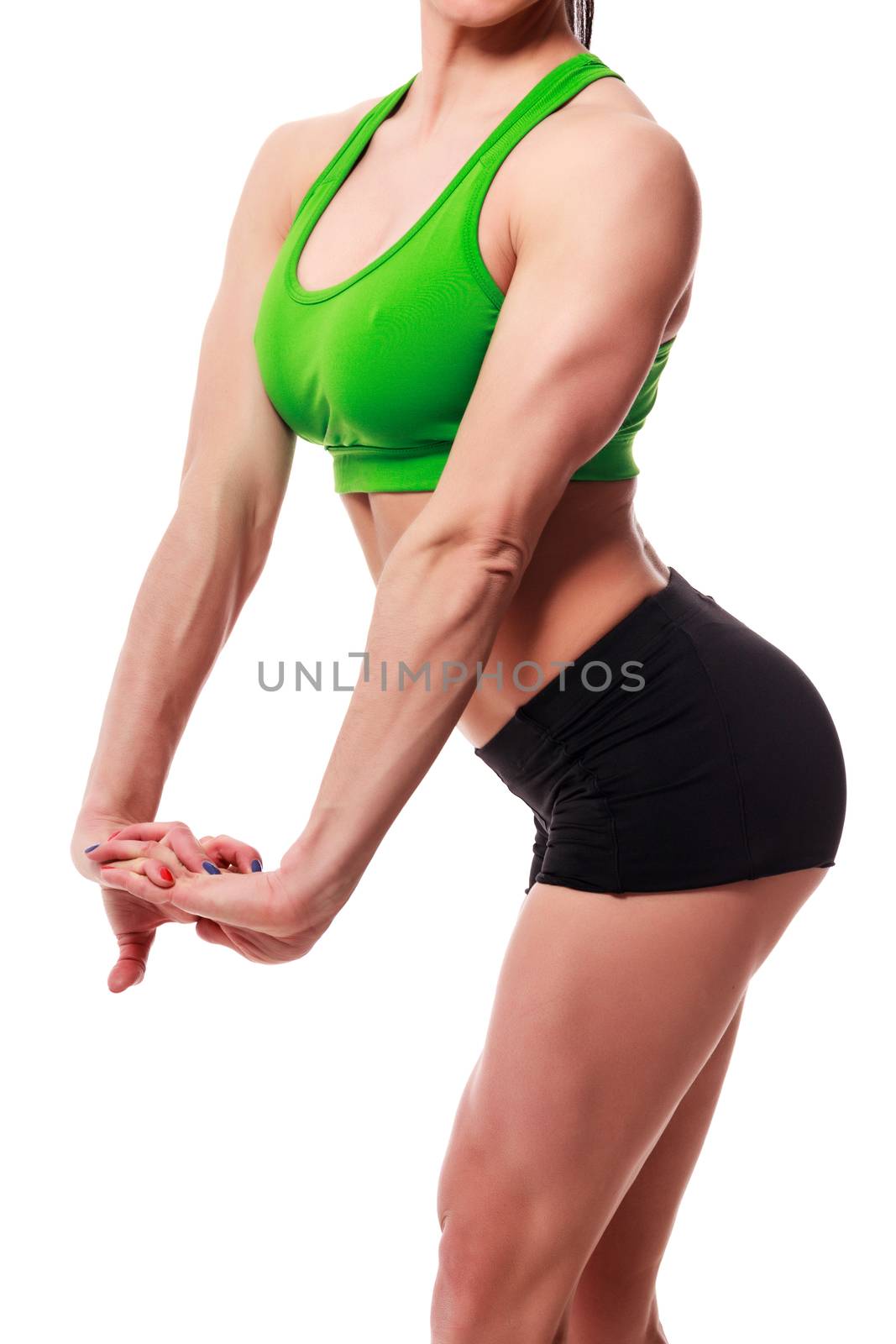 Close up shot of young sportswoman body. Fitness and healthy lady on white background, isolated