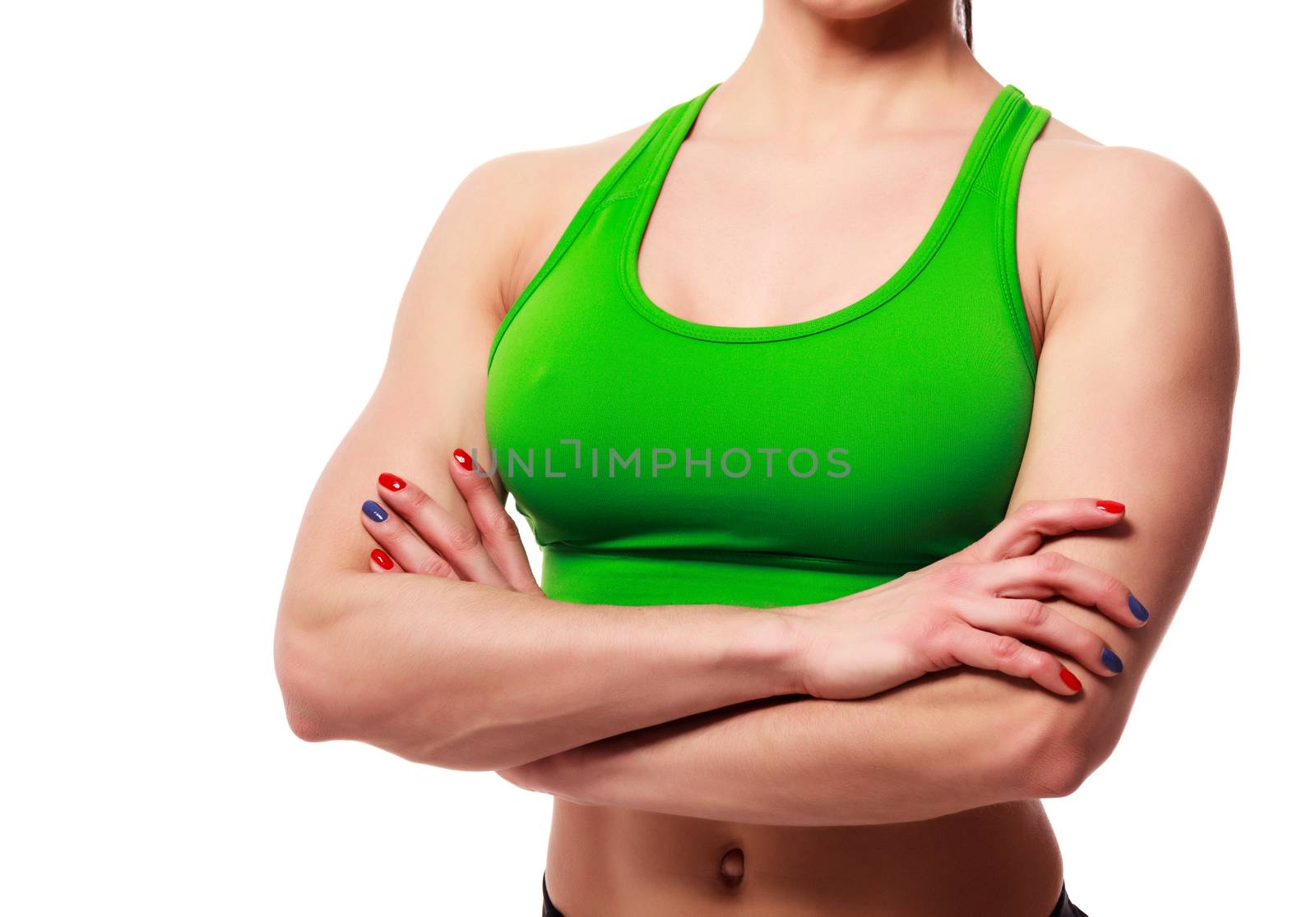 Close up shot of young sportswoman body. Fitness and healthy lady on white background, isolated