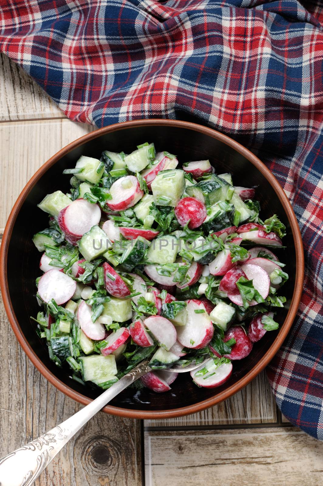 Salad with pieces of radish and cucumber, herbs and green onions, dressed  yogurt. Vertically shot. View from above.