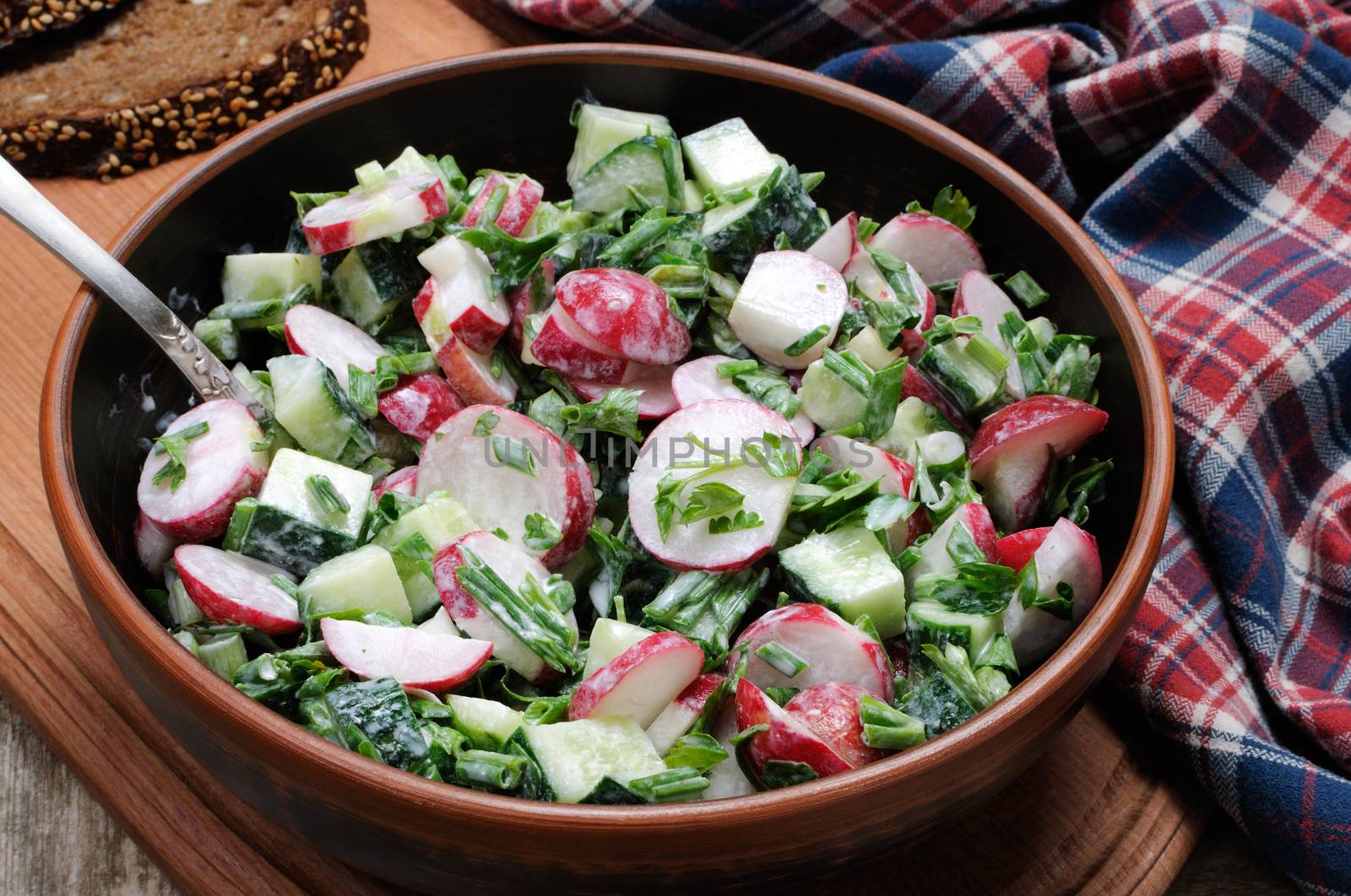 Salad with pieces of radish and cucumber, herbs and green onions, dressed  yogurt. Horizontal shot.
View from above.
