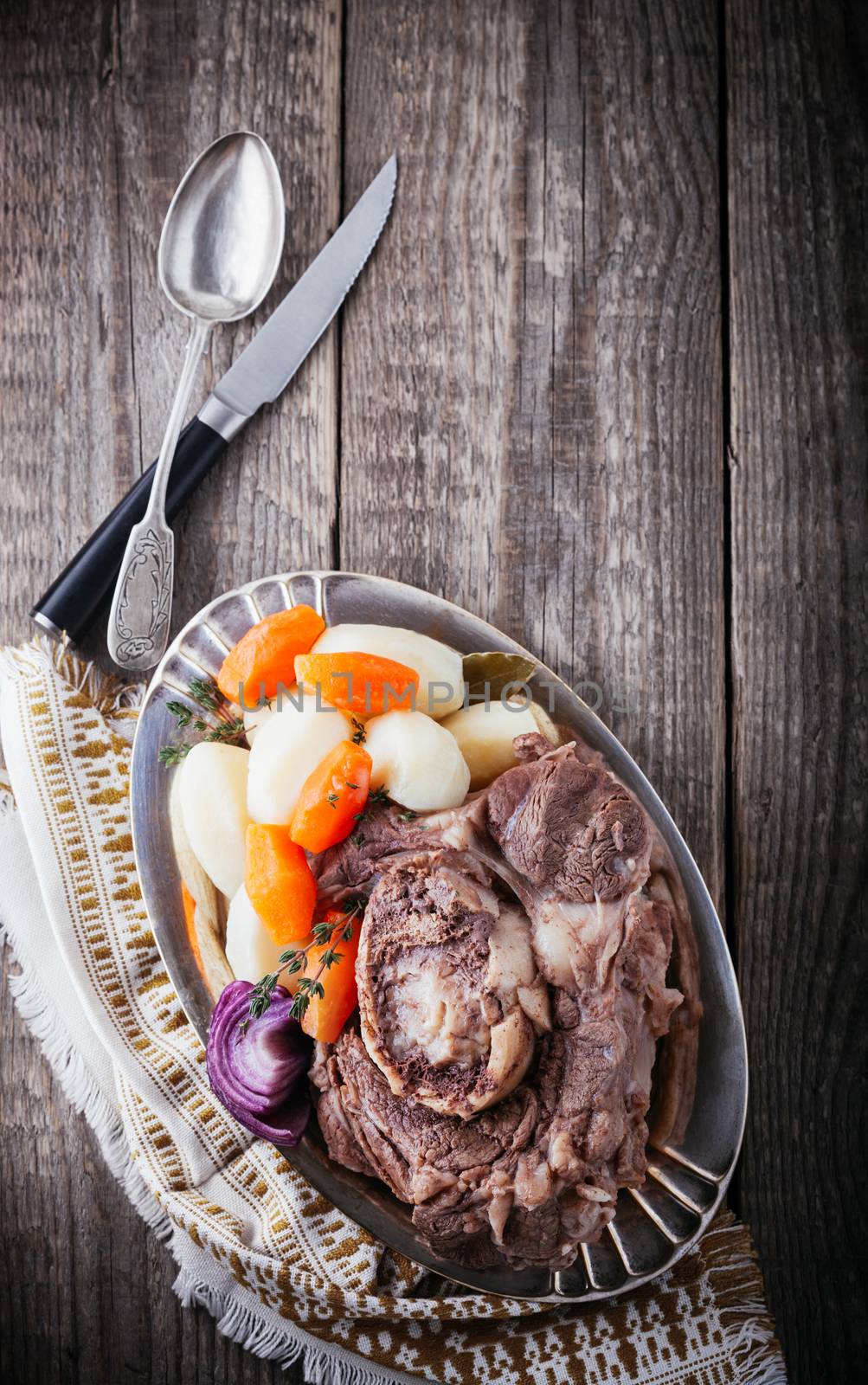 Pot-Au-Feu - French beef stew with knife and fork