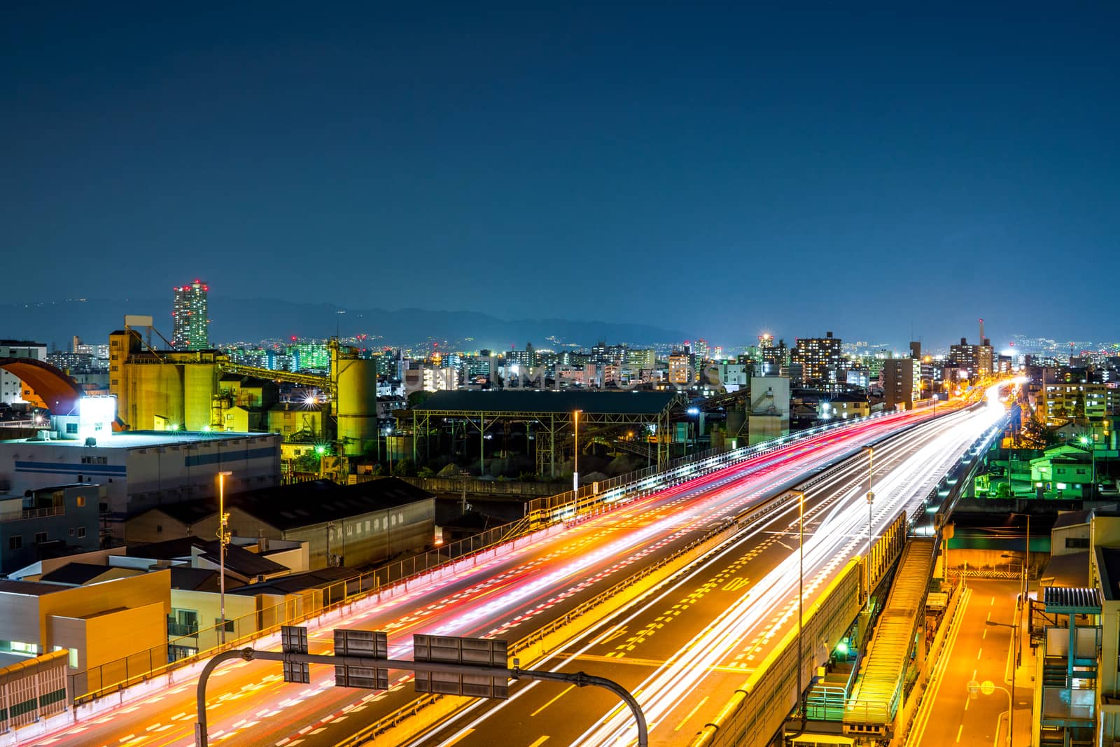 Night city and traffic in Osaka, Japan.