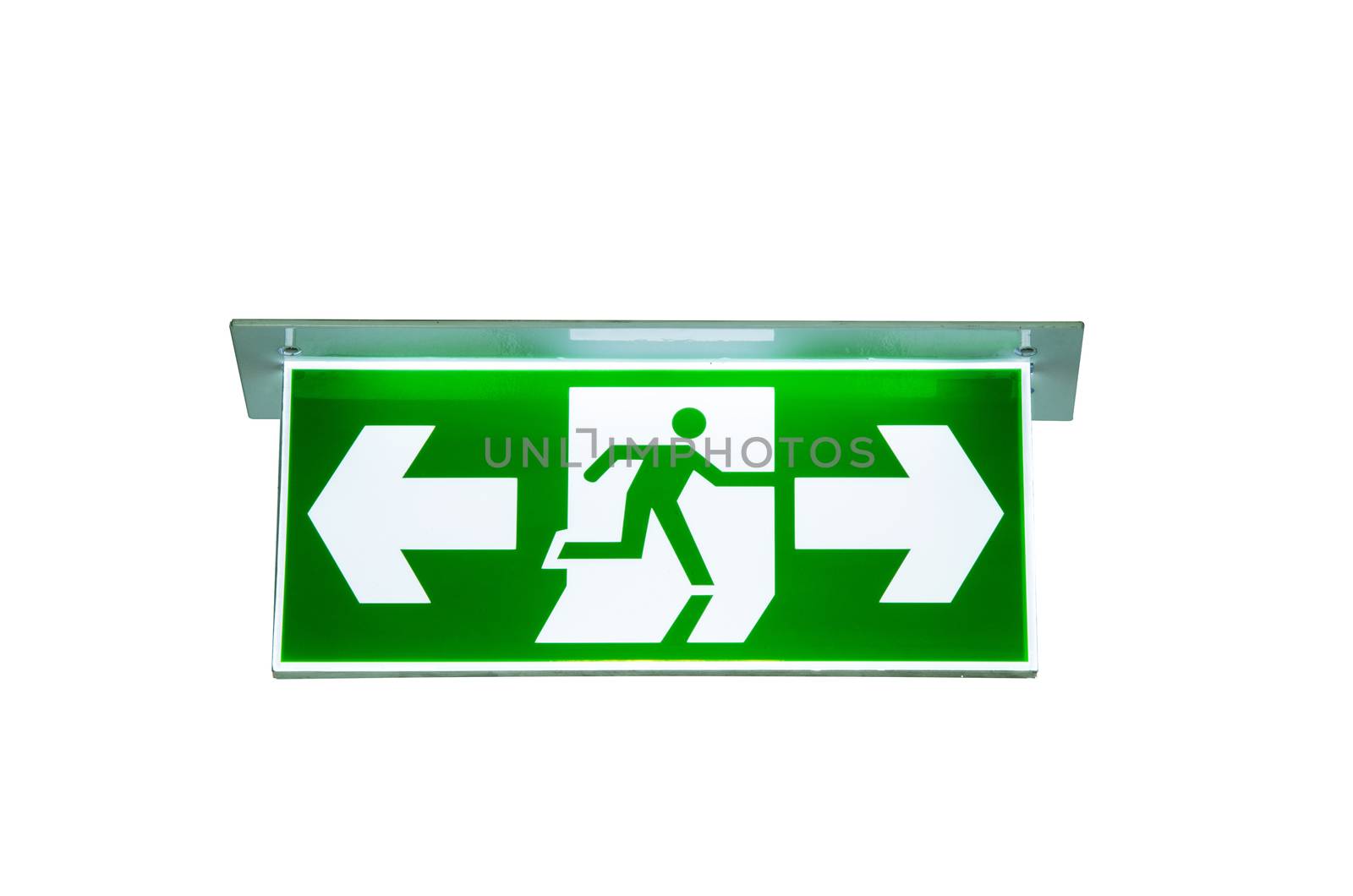 green emergency exit sign the way to escape isolated on white background clipping path