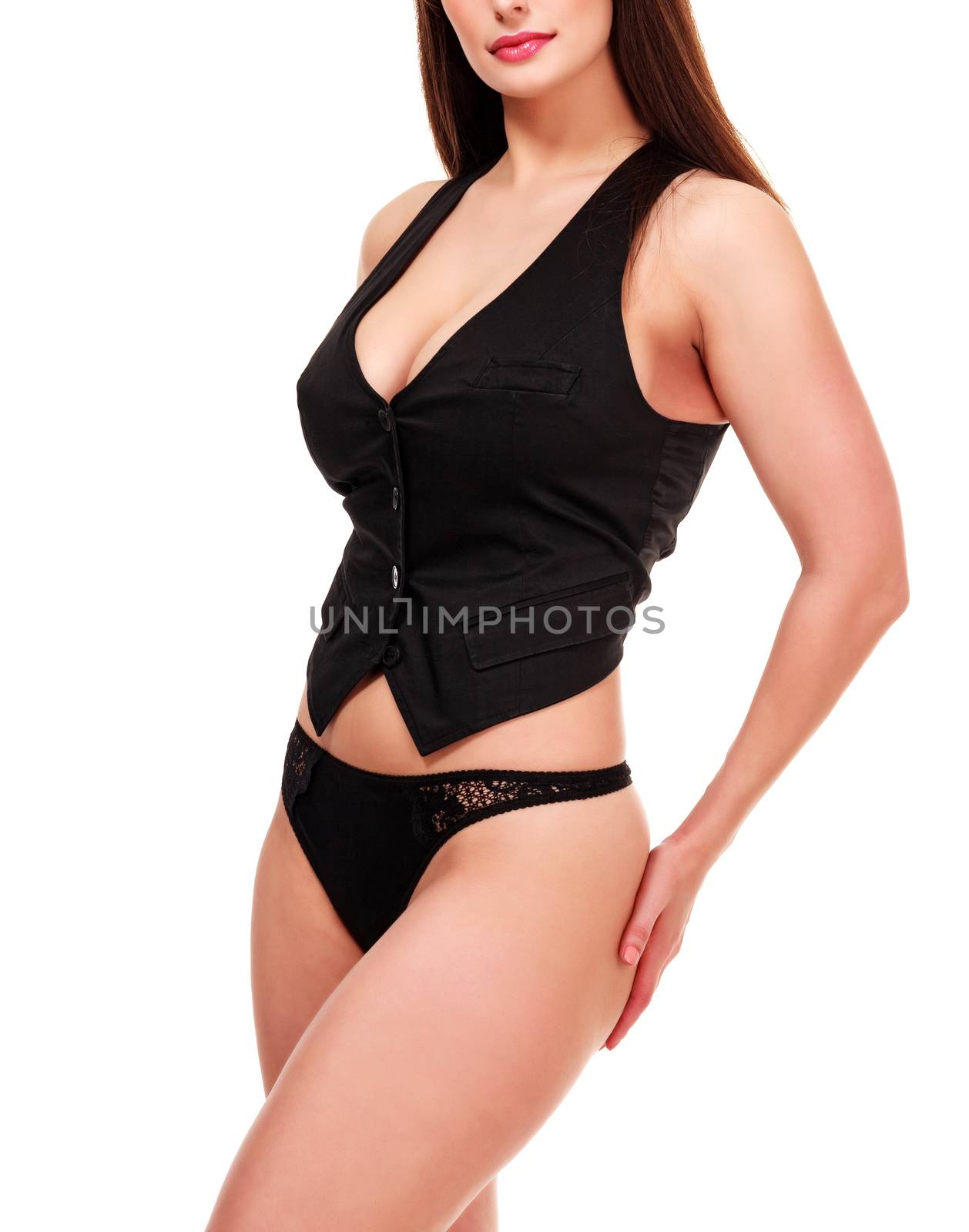 Sexy woman in black underwear vest and bikini, isolated on white background