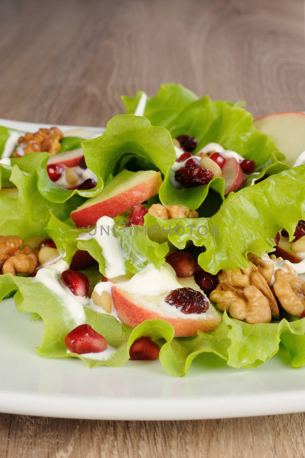 Salad of apples, cranberries , pomegranate, pine nuts and walnuts dressed with yogurt  