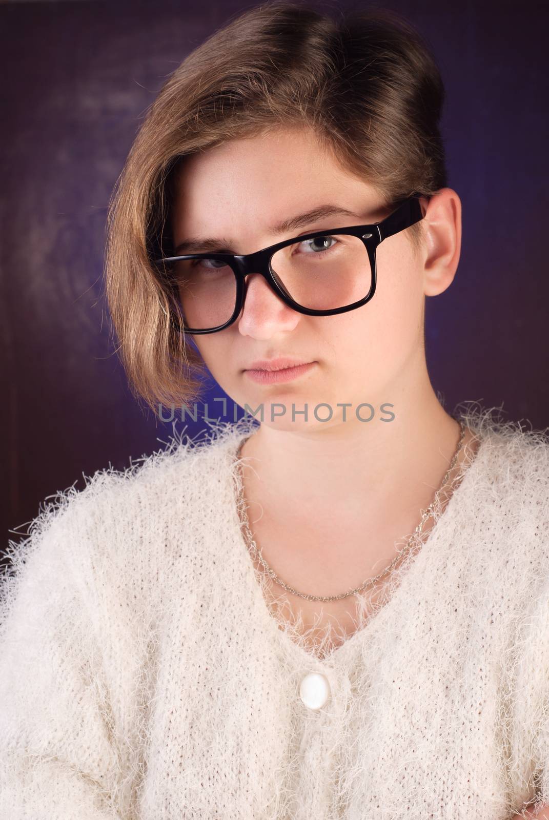 young girl with glasses, girl teenager with short hair