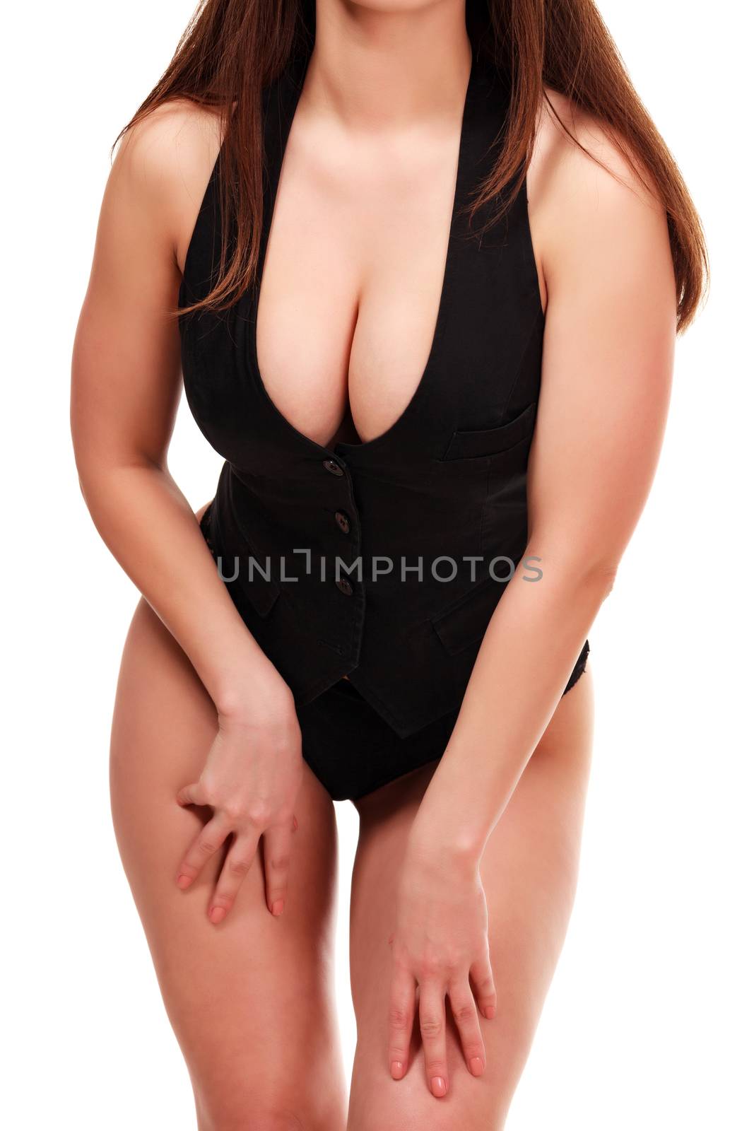 Sexy woman in black underwear vest and bikini, isolated on white background