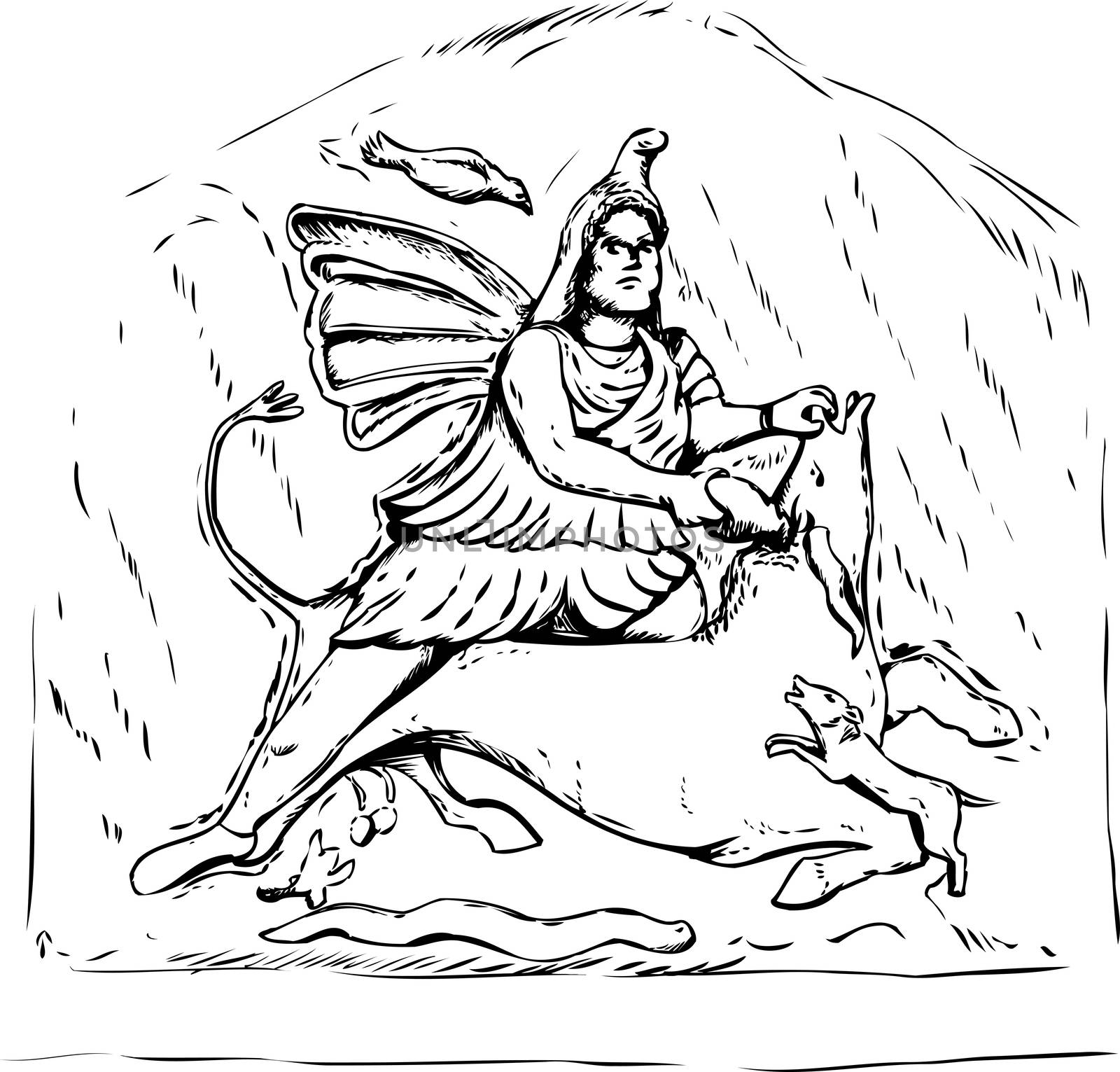Outlined forensic reconstruction of Persian god Mithras slaying of a black bull from 4th century stone carving in Jajce, Bosnia