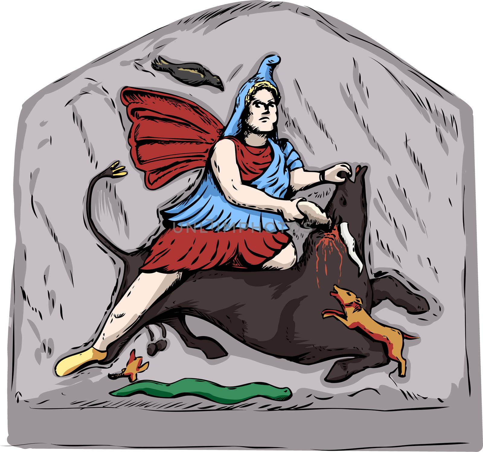 Forensic reconstruction illustration of Mithras slaying of a black bull from 4th century stone carvings in Jajce, Bosnia