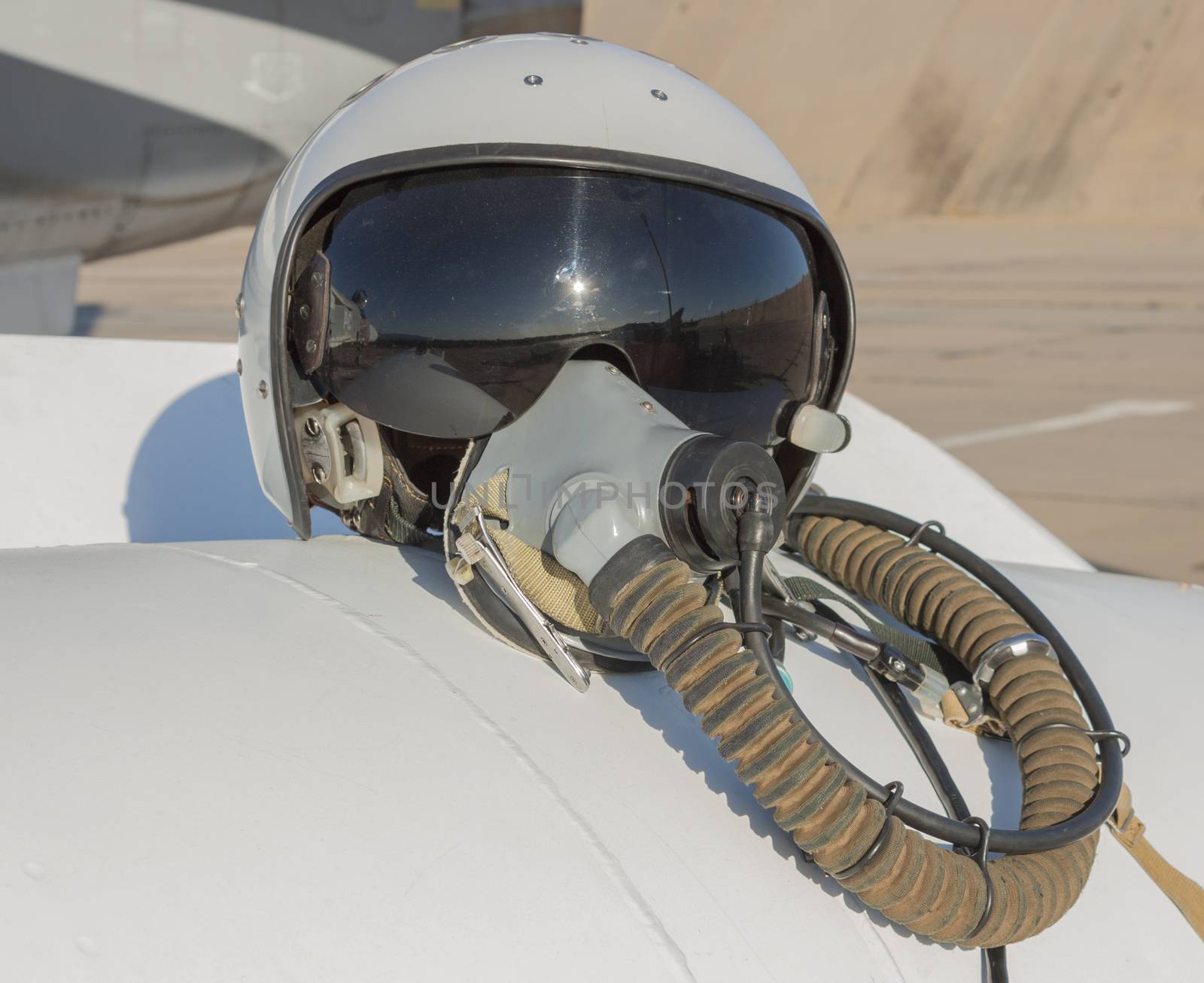 Helmet and oxygen mask of a military pilot.