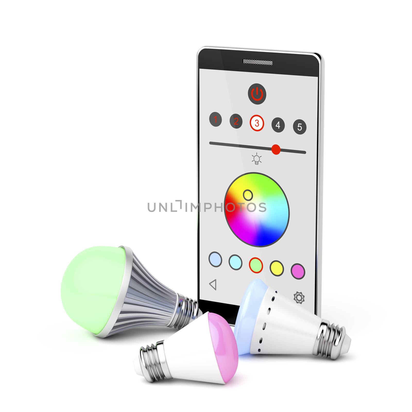 Smartphone and color changing LED light bulbs on white background 
