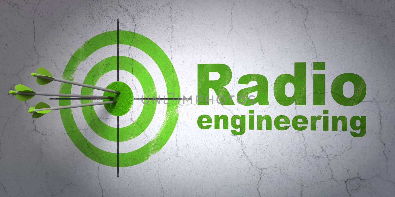 Success Science concept: arrows hitting the center of target, Green Radio Engineering on wall background, 3D rendering