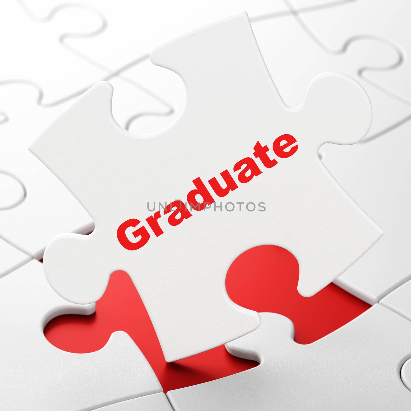 Learning concept: Graduate on White puzzle pieces background, 3D rendering