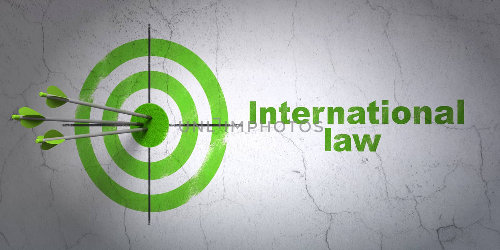 Success politics concept: arrows hitting the center of target, Green International Law on wall background, 3D rendering