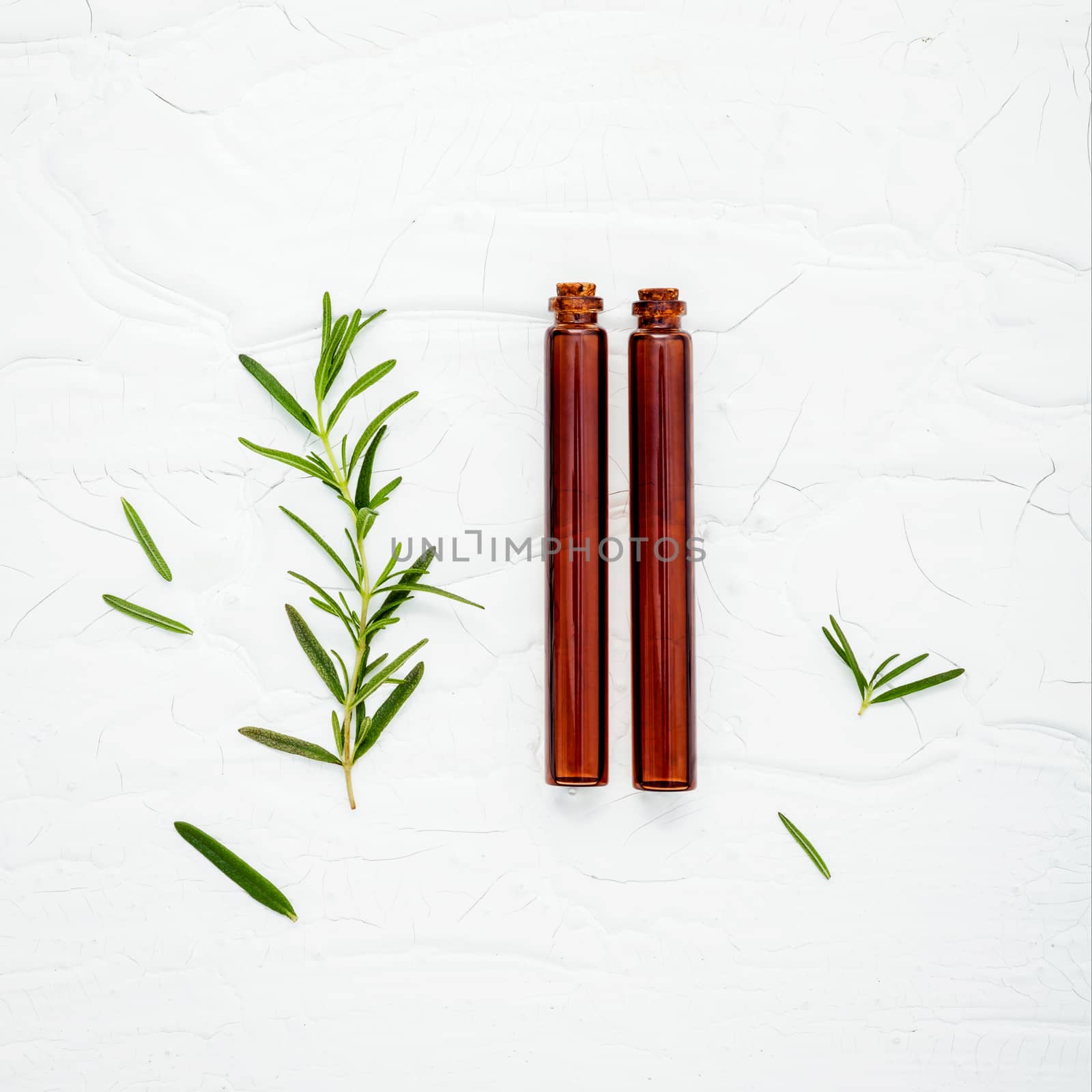 Fresh branch of rosemary  with bottle essential oil setup on whi by kerdkanno