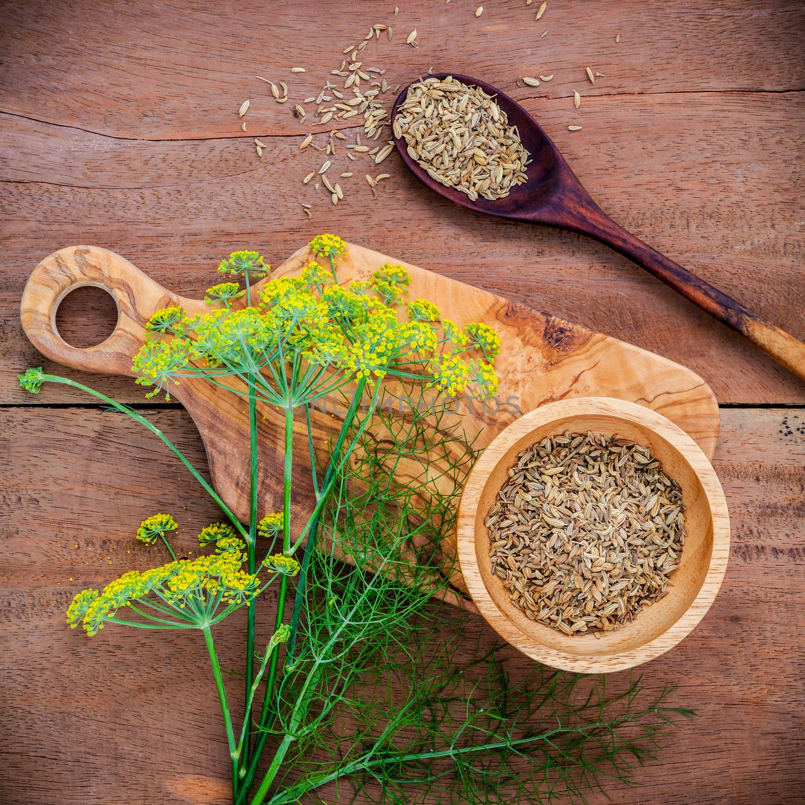 Close up blossoming branch of fennel and dried fennel seeds on rustic wooden background with flat lay.