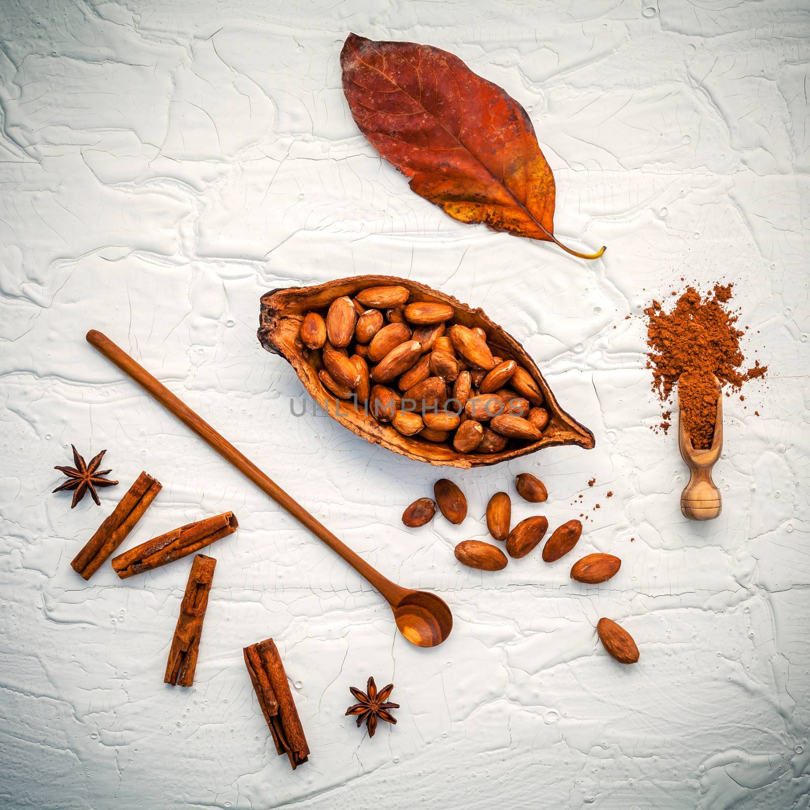 Desserts background and Desserts menu design . Brown chocolate powder in spoon . Roasted cocoa beans in the dry cocoa pod , star anise and cinnamon sticks on shabby wooden background.