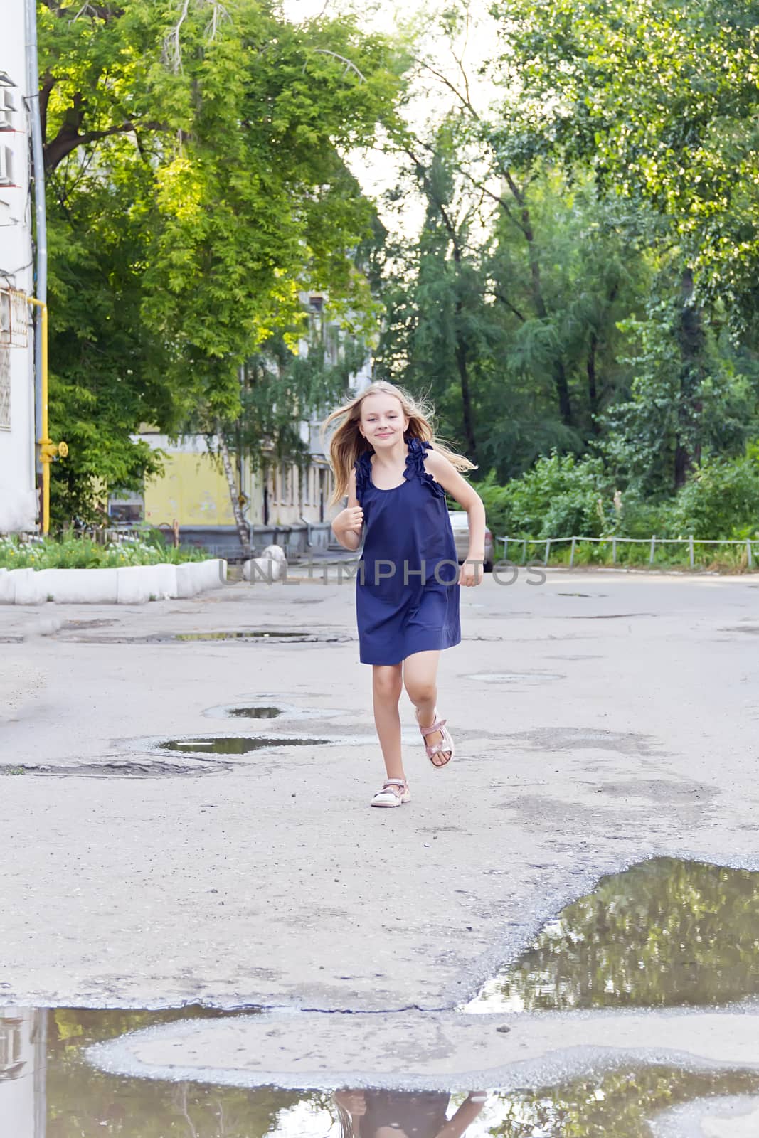 Cute running European girl with disheveled hair