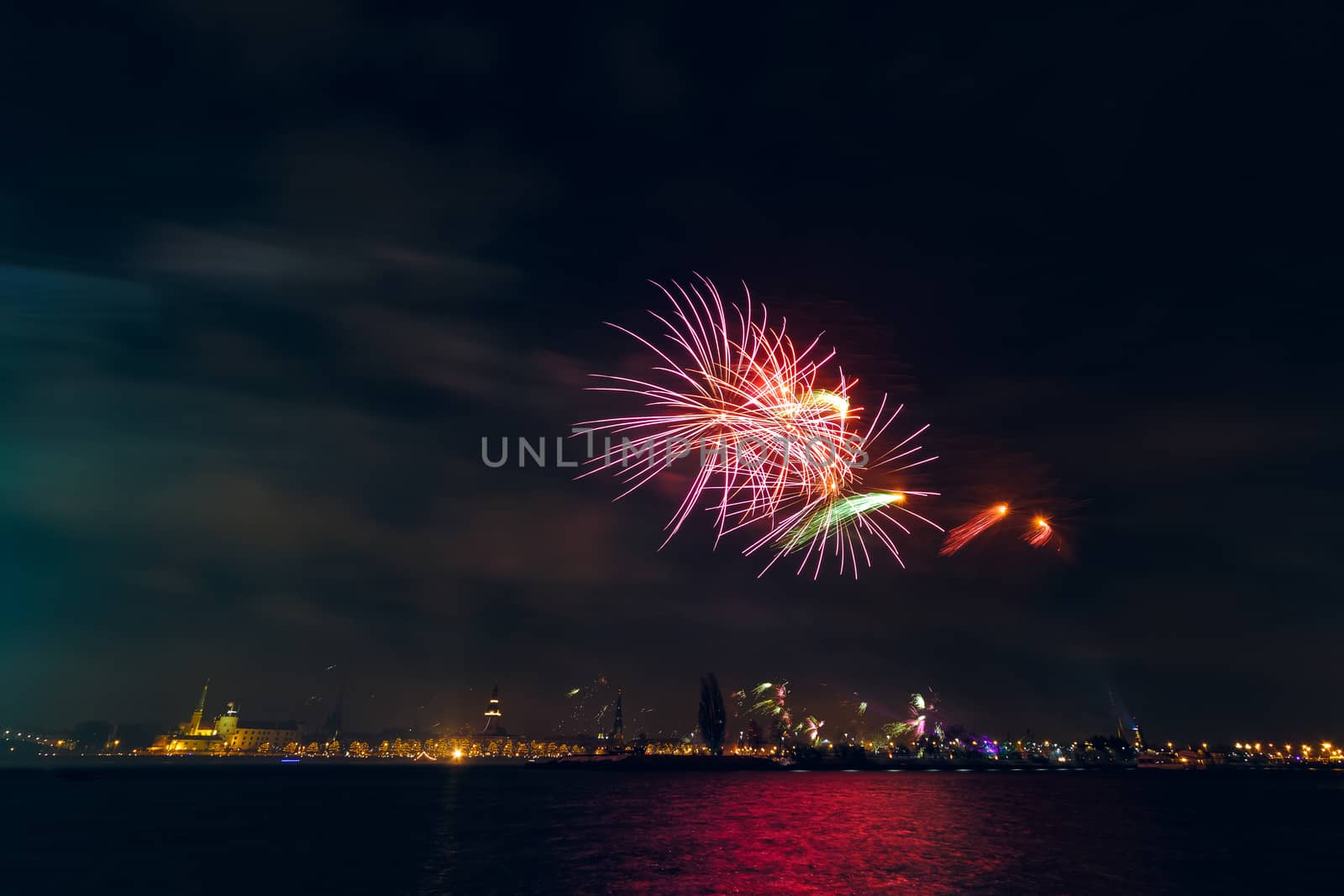 Colored New Year fireworks in centre of Riga