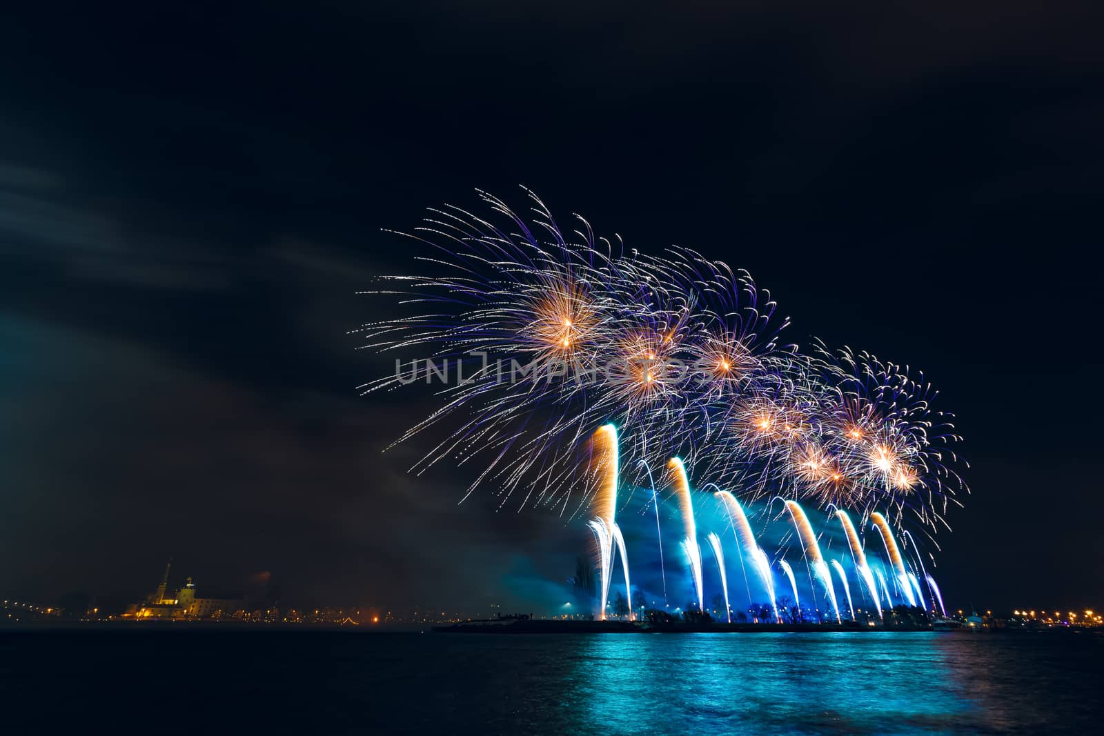 Colored New Year fireworks in centre of Riga