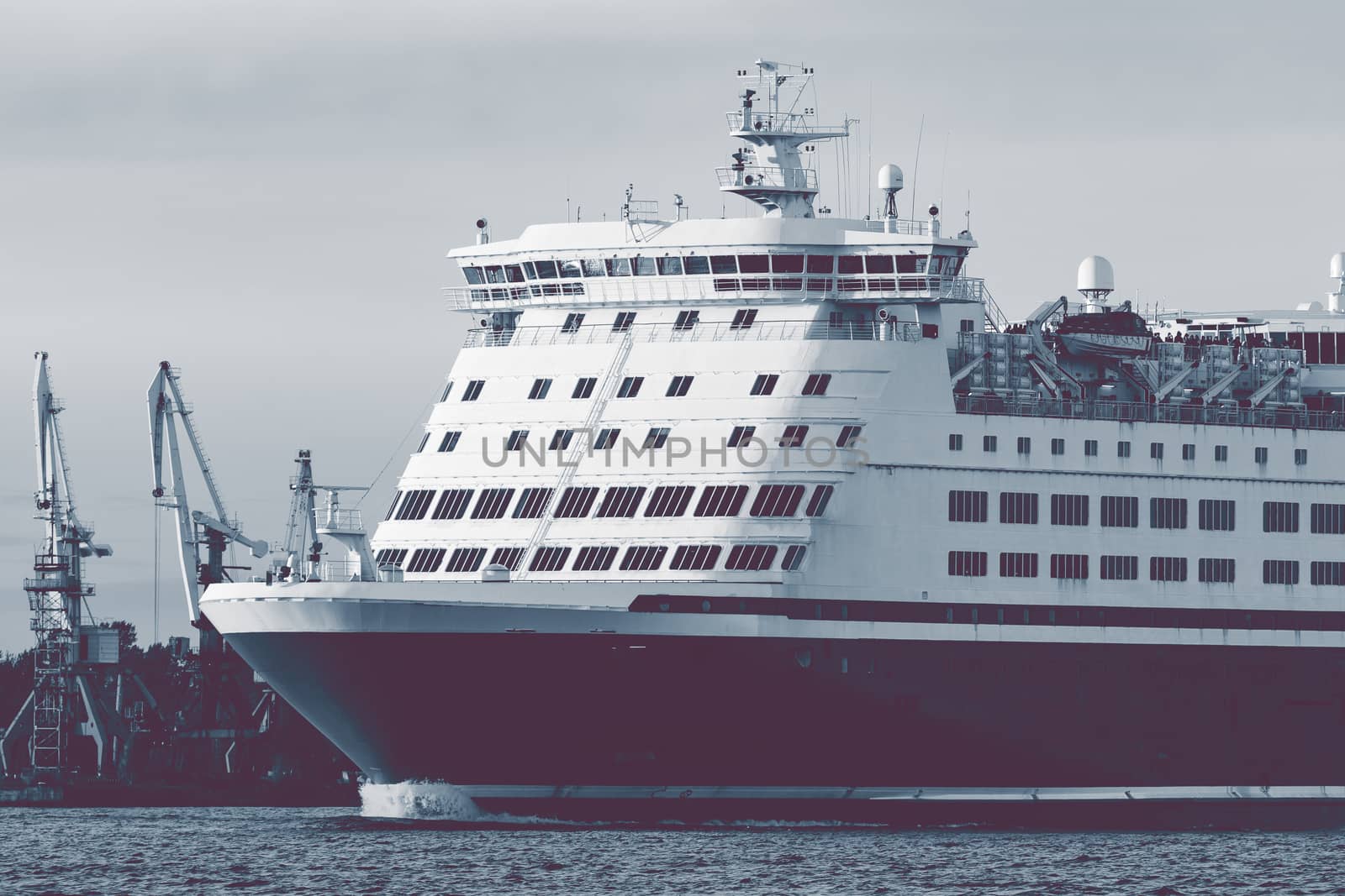 Big cruise liner's bow. Passenger ferry underway close up