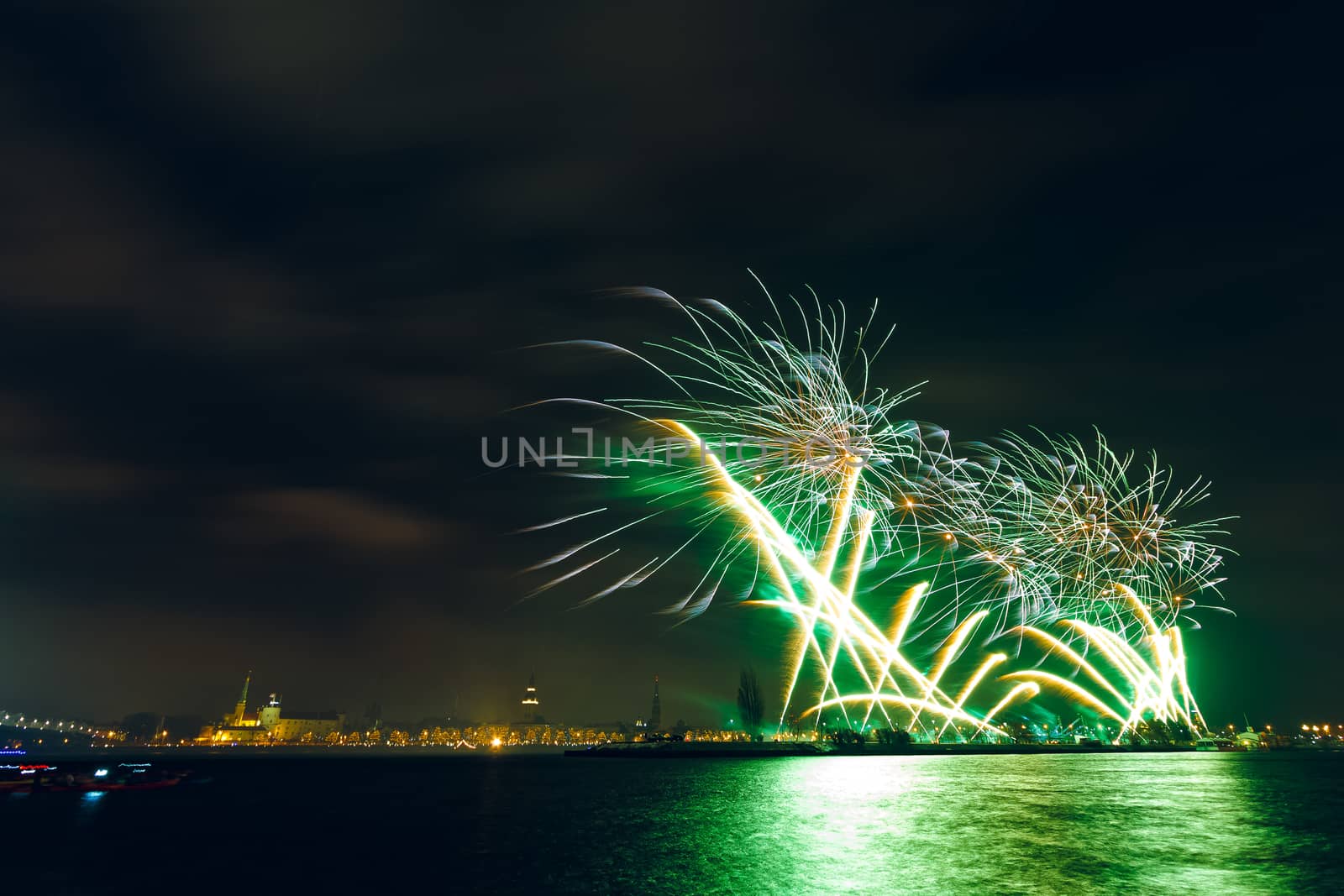 Colored New Year fireworks in centre of Riga
