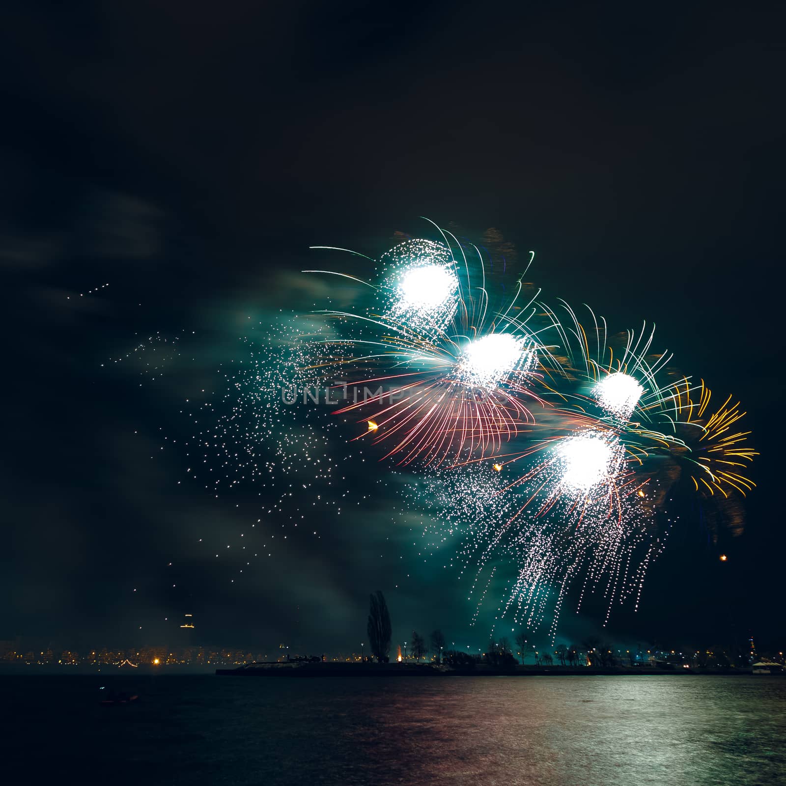 Colored New Year fireworks in centre of Riga