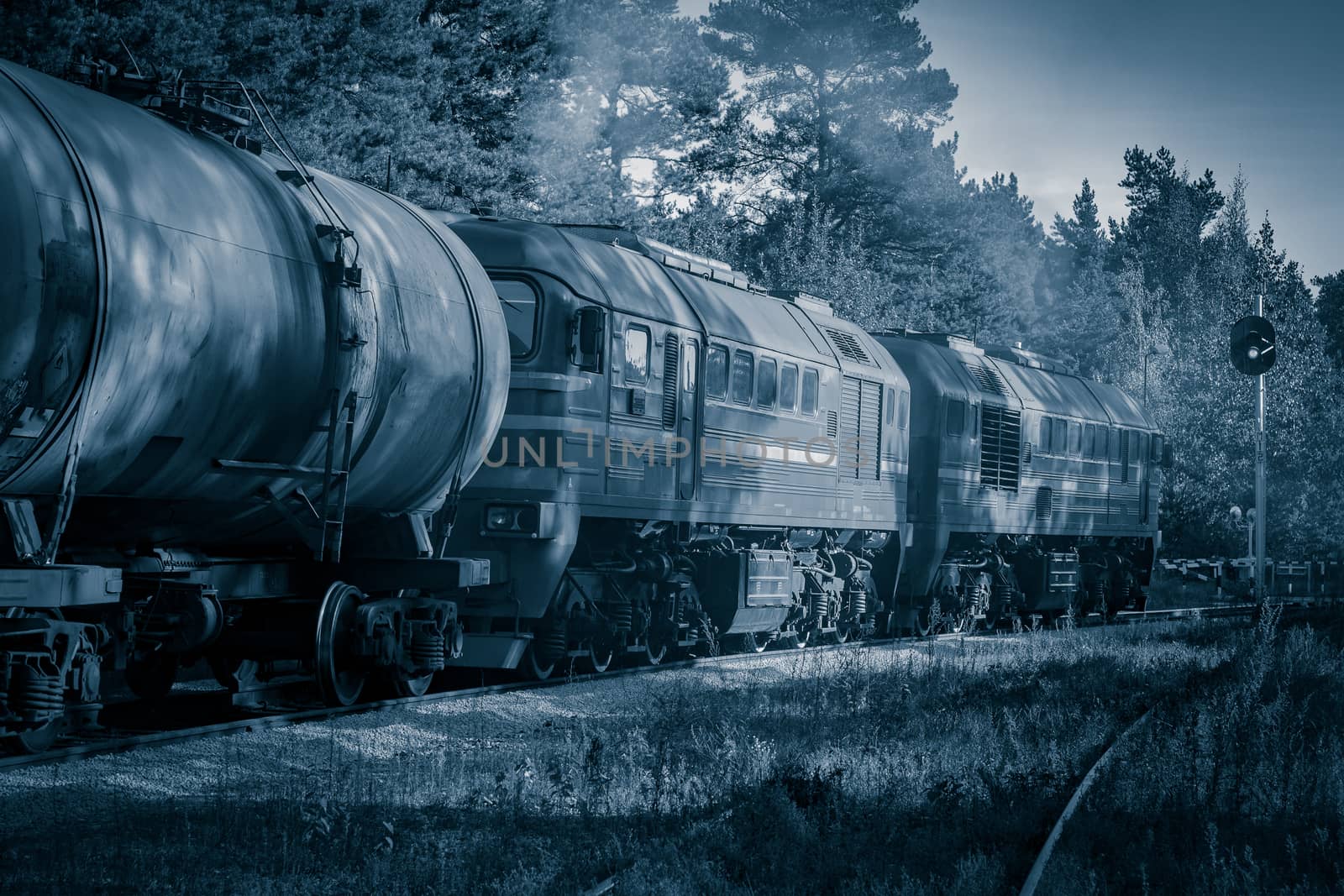 Diesel cargo locomotive with oil tanks in forest