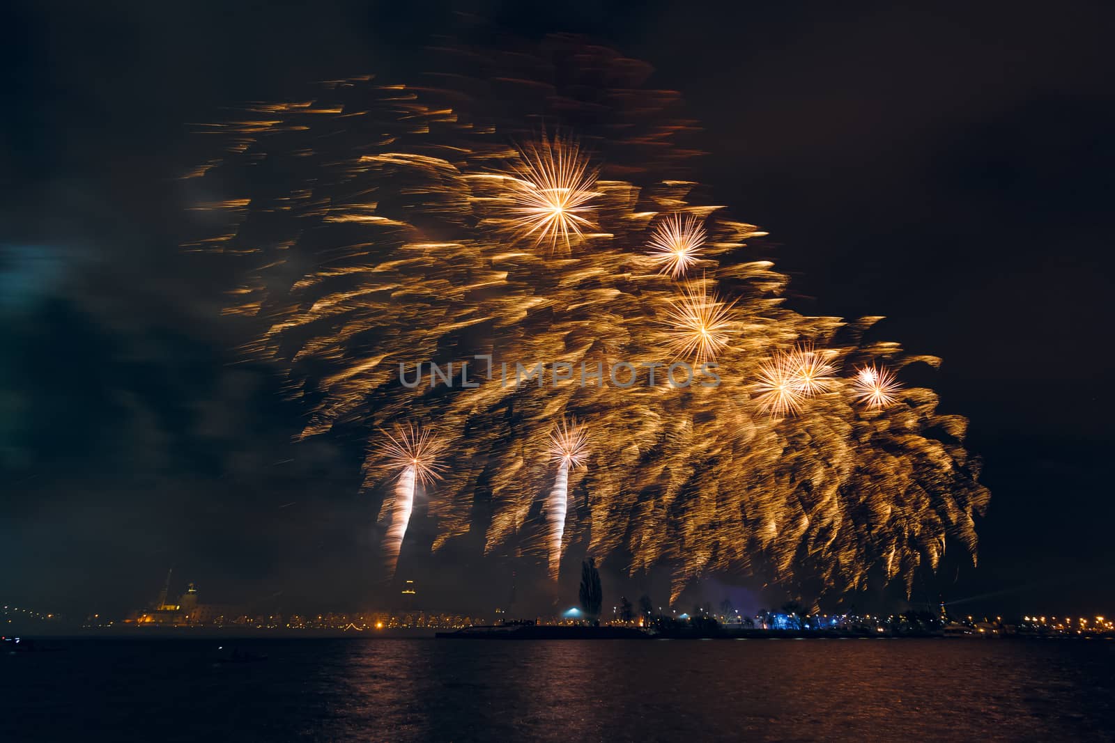 Colored New Year fireworks in centre of Riga