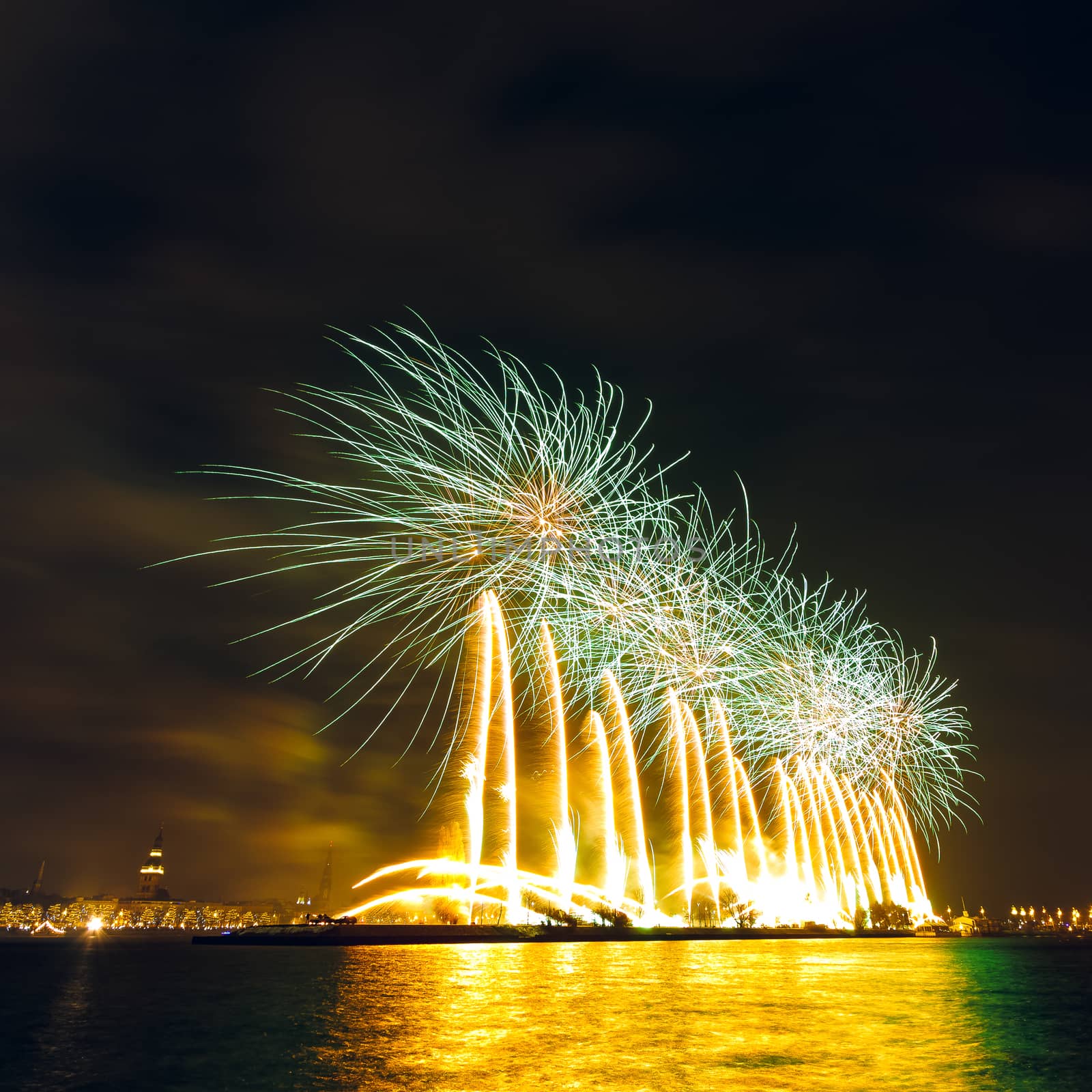 Colored New Year fireworks in centre of Riga