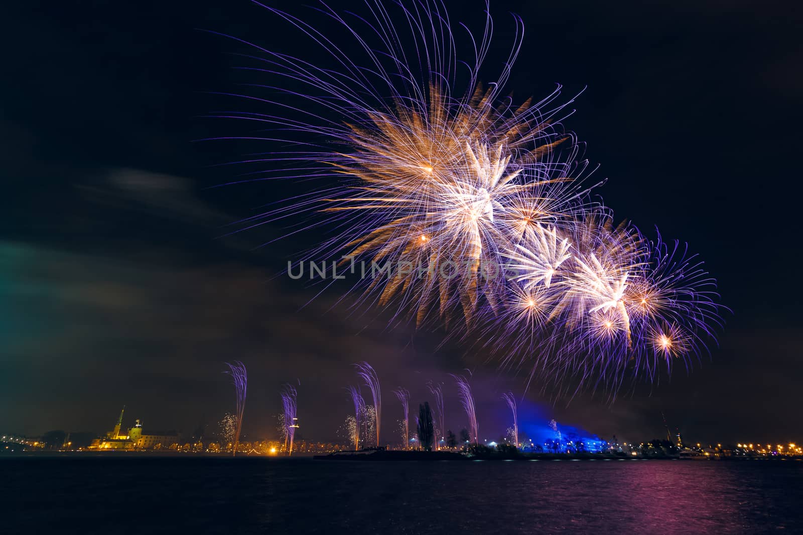 Colored New Year fireworks in centre of Riga