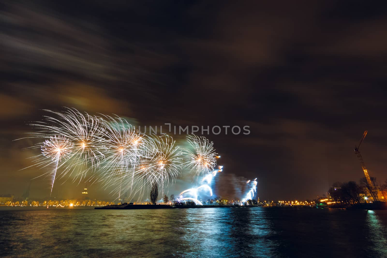 Colored New Year fireworks in centre of Riga