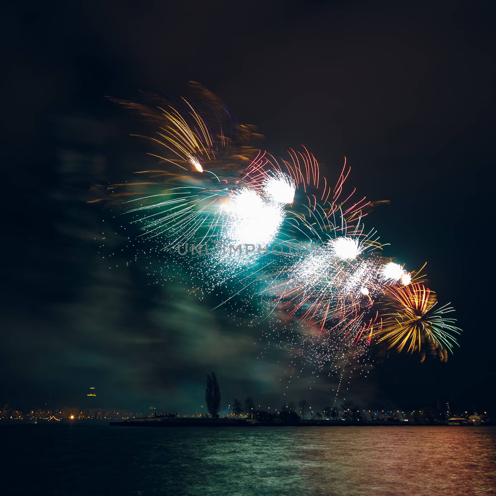 Colored New Year fireworks in centre of Riga